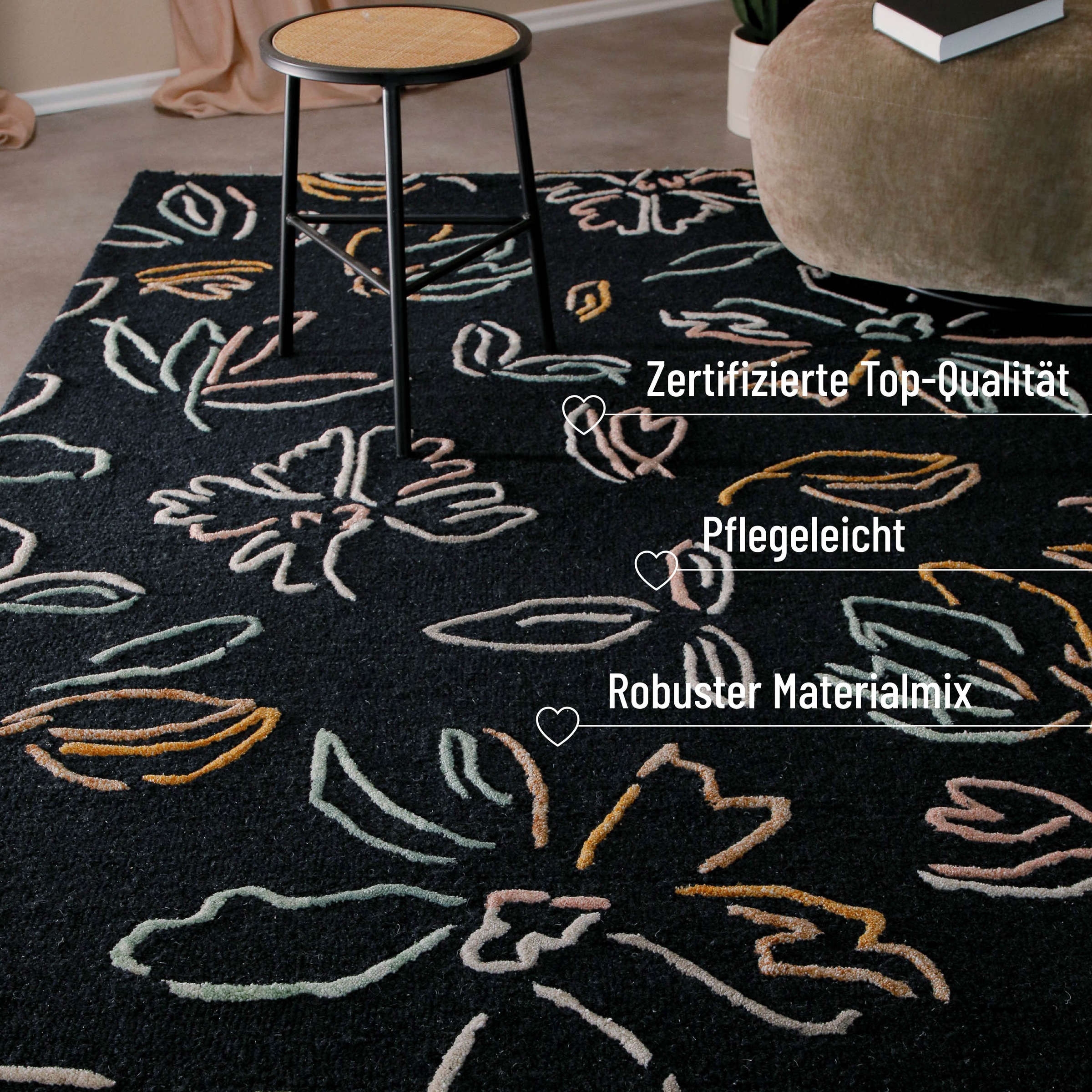 Wecon home Teppich »Vee«, rechteckig, 10 mm Höhe, Wollteppich, floral, hochwertig, pflegeleicht, modern, handgetuftet