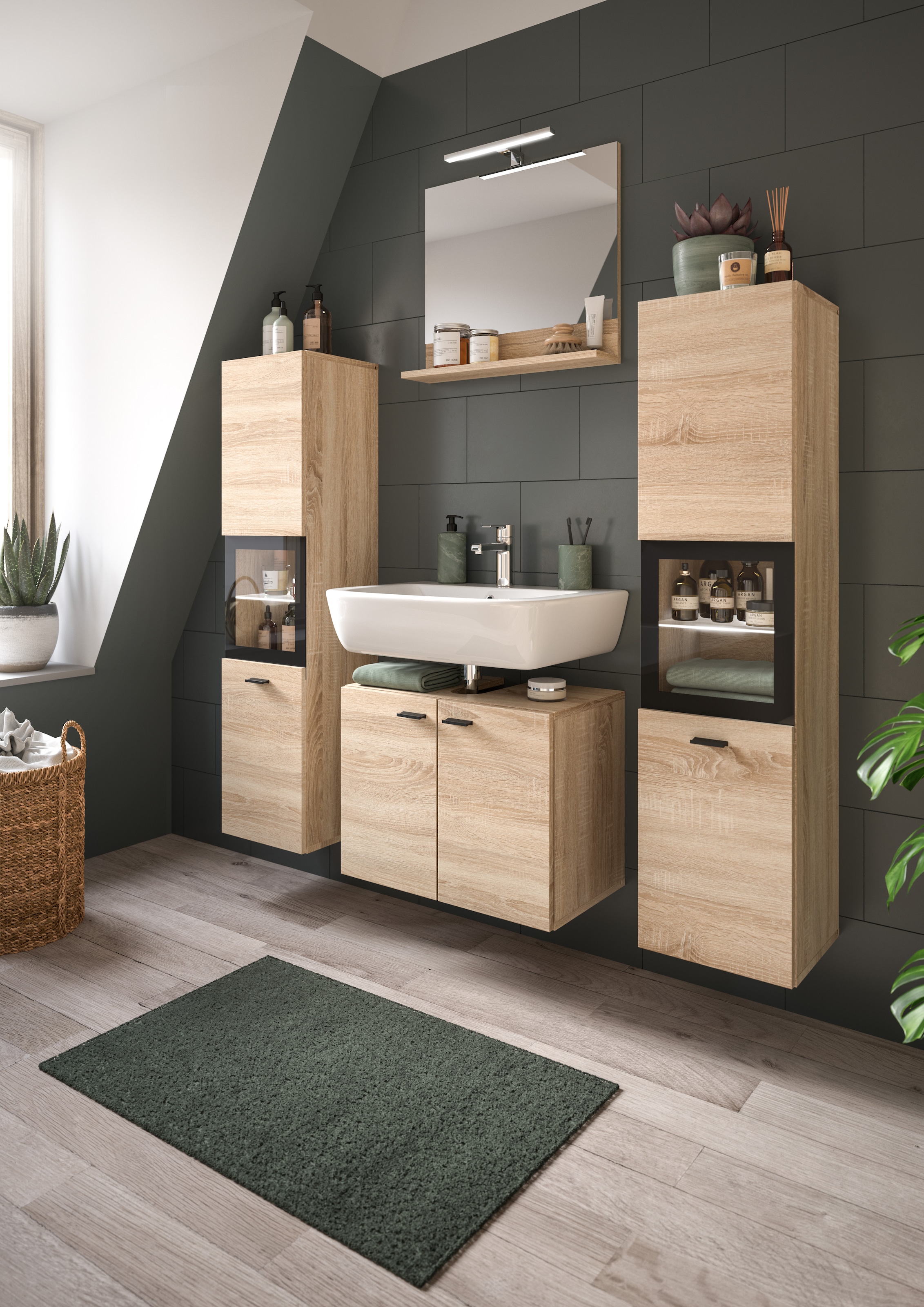 welltime Badmöbel-Set »Tampa, Breite 137cm, 4-teilig«, (4 St.), Waschbeckenunterschrank, Spiegel, Hochschrank