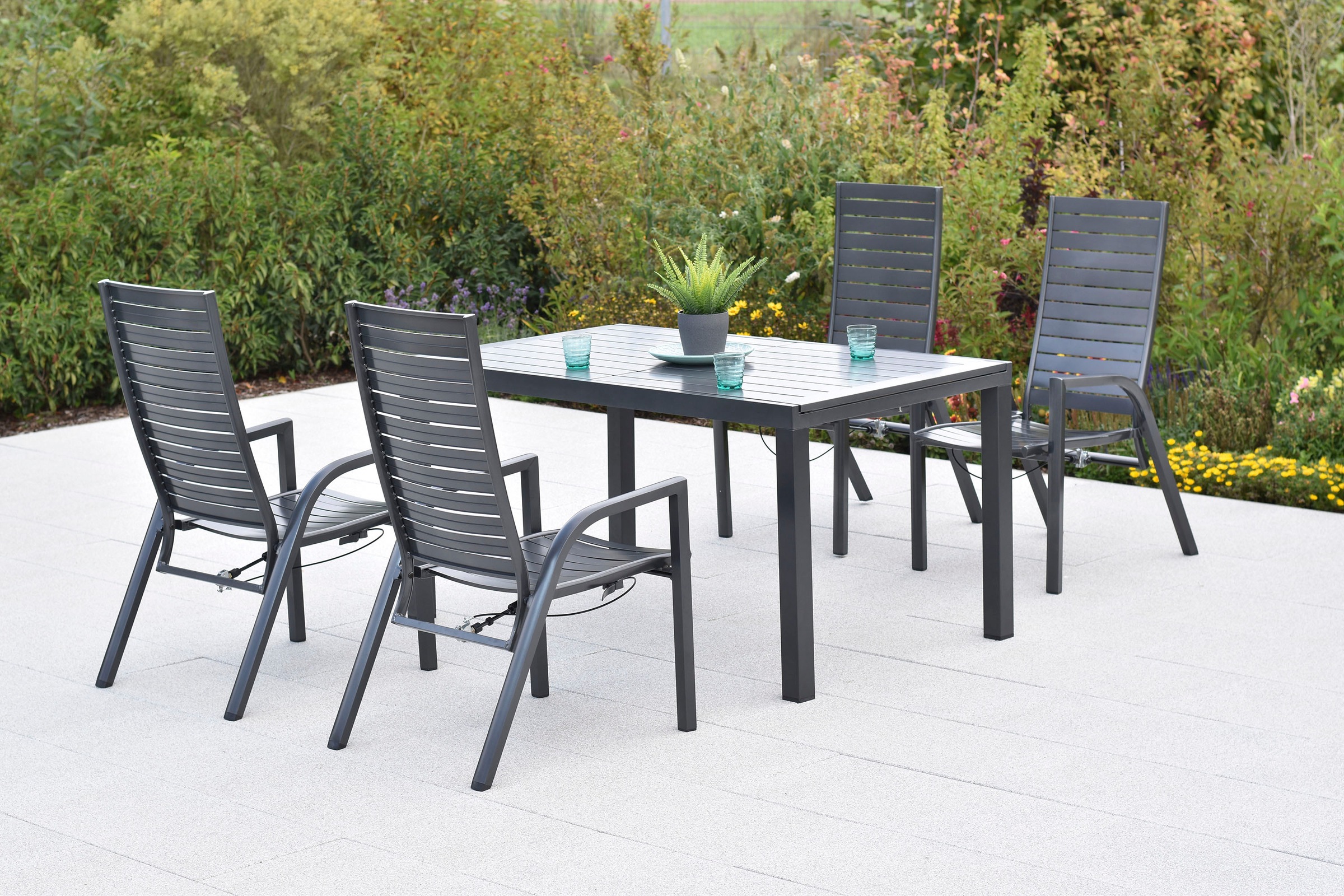 MERXX Garten-Essgruppe »Siros« Set, 9 tlg. inkl. 4 Sessel, 4 Auflagen, 1 Ausziehtisch