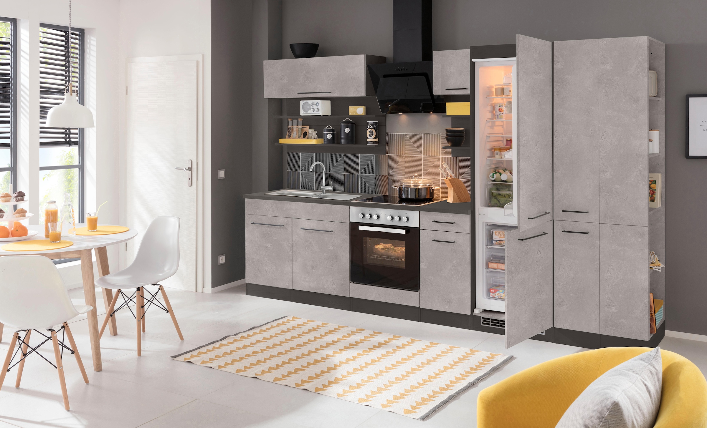 KOCHSTATION Küchenzeile »KS-Tulsa«, mit E-Geräten, Breite 300 cm, schwarze Metallgriffe, MDF Fronten