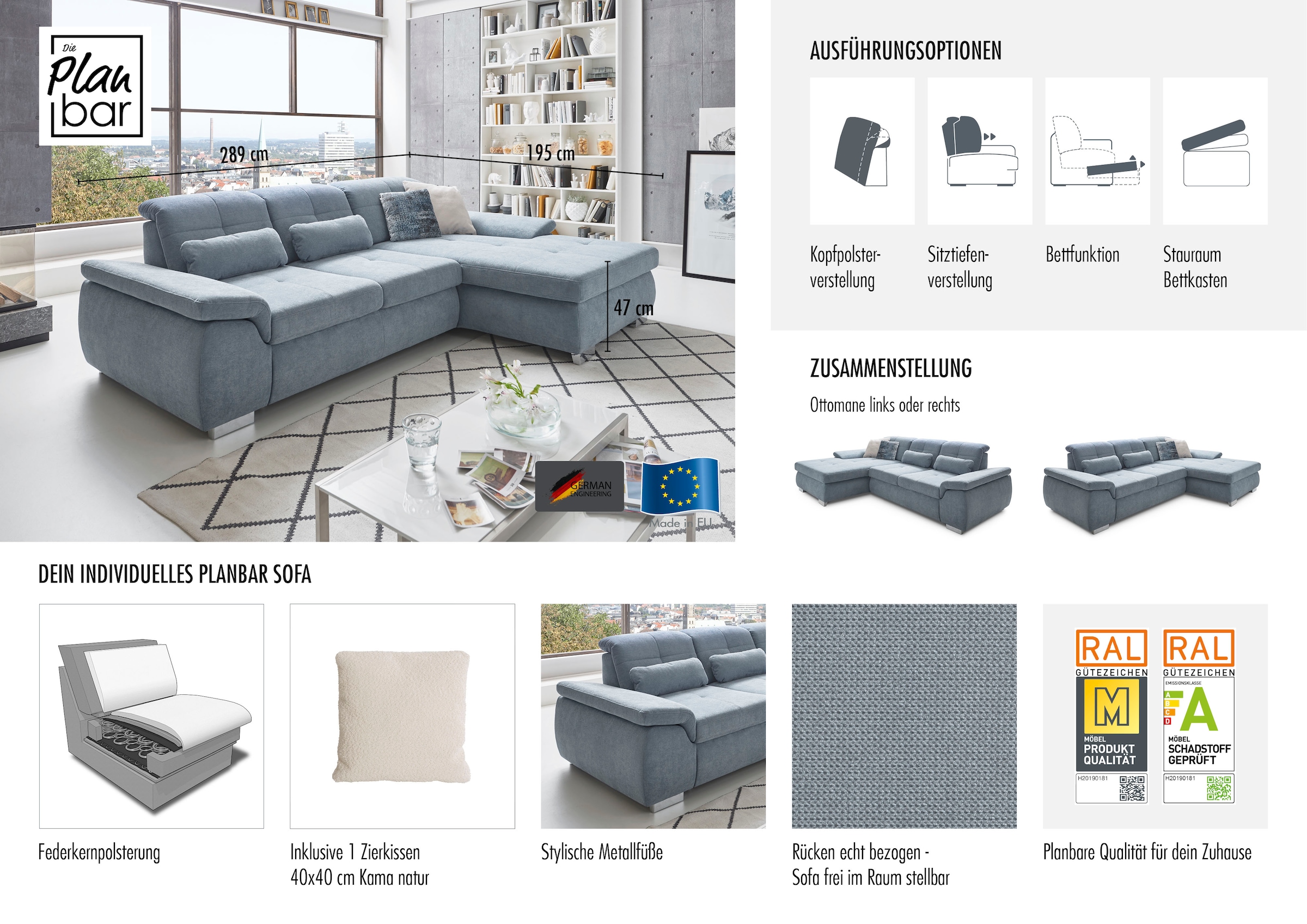 Die PlanBar Ecksofa »MP-IN16037 L-Form mit Federkern-Polsterung«, mit Sitztiefenverstellung & Zierkissen