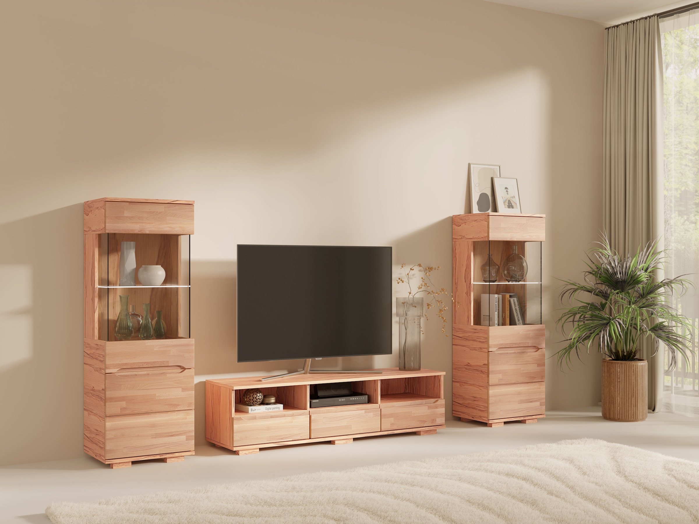 OTTO home Vitrine »VETRO; massivholz fronten, Griffmulden, Wohnzimmer, Modern, Vitrine« B/T/H:50/40/144cm, Variable einlegeboden, Türanschlag L/R, 4Fächer