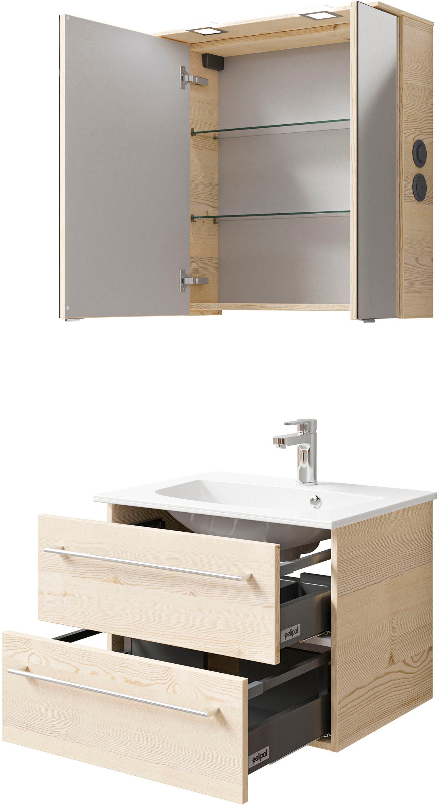 Saphir Badmöbel-Set »Serie 6025 2-teilig Mineralmarmor-Waschtisch mit LED-Spiegelschrank«, (2 St.), Waschplatz 67 cm breit, 2 Schubladen, 2 Spiegel-Türen, inkl Türdämpfer