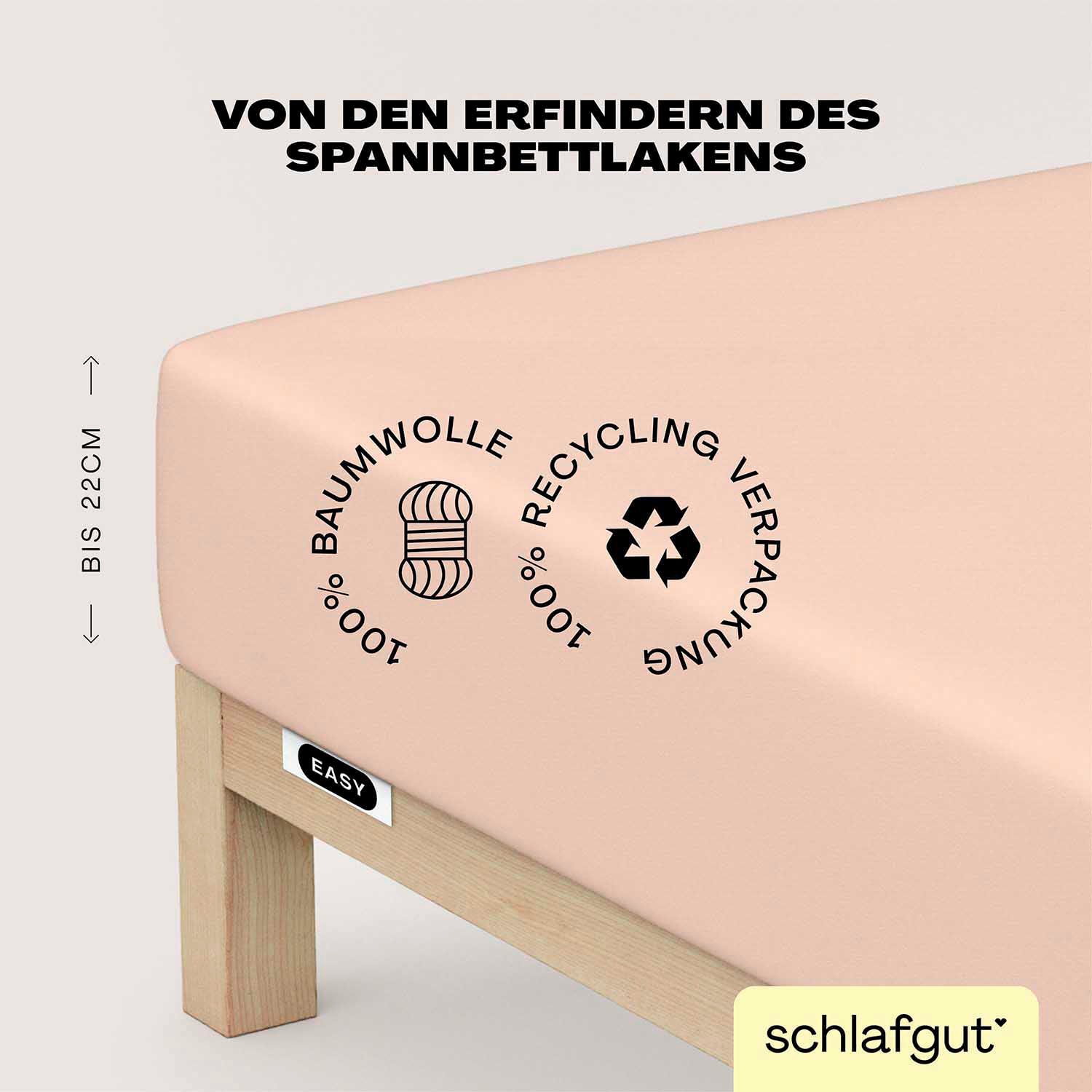 Schlafgut Spannbettlaken "EASY JERSEY Bettlaken, 150 g/m², 100% Baumwolle, Spannbetttuch" Spannbettlaken bis 22 cm Höhe, bügelfrei, pflegeleicht, perfekter Sitz