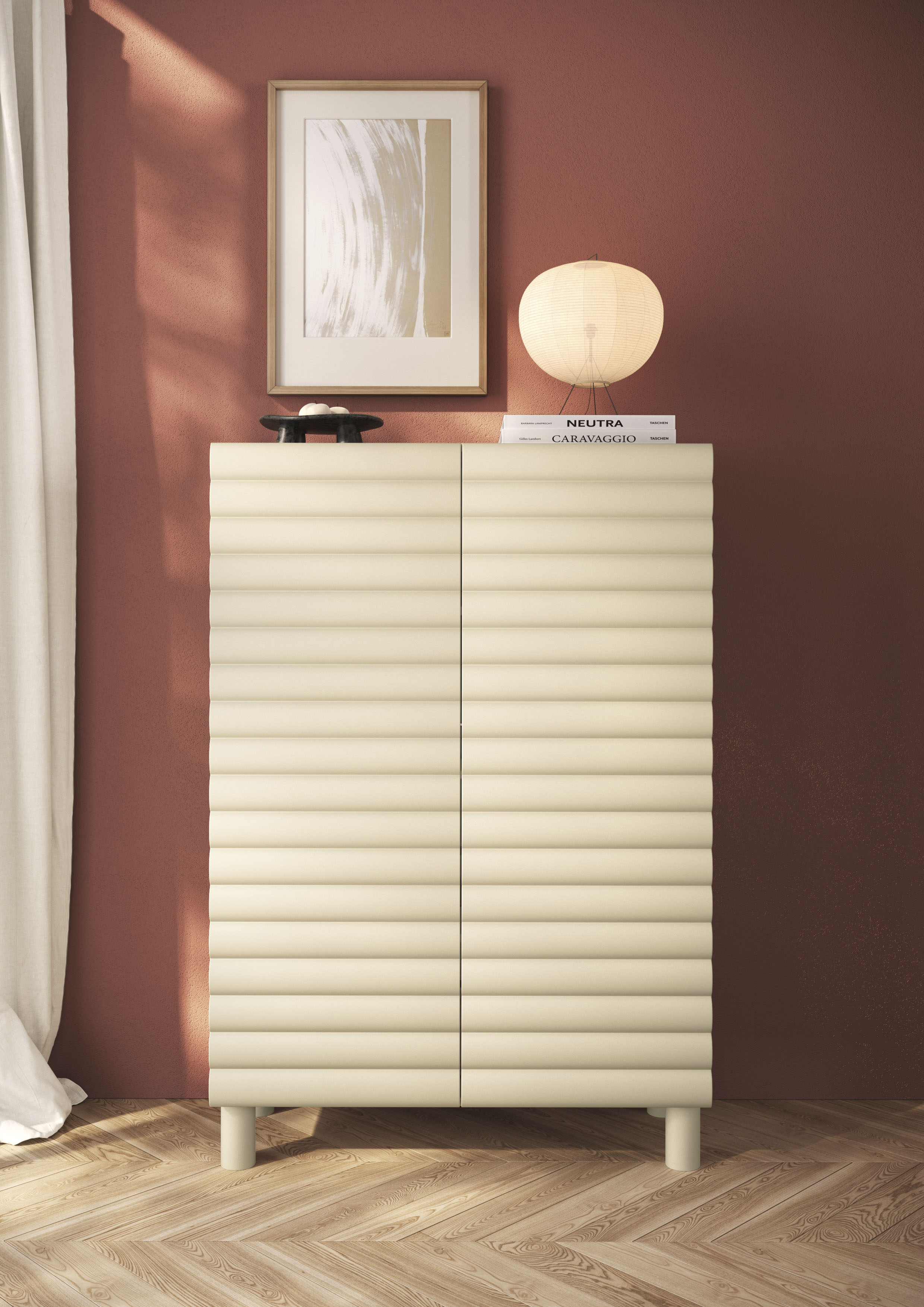 OTTO home Highboard "Adria, B/H 101/147 cm, 2 Türen, Hochkommode, Stauraumschrank" Korpus Talco Spatolato, MDF-Fronten in 3D-Design, viel Stauraum