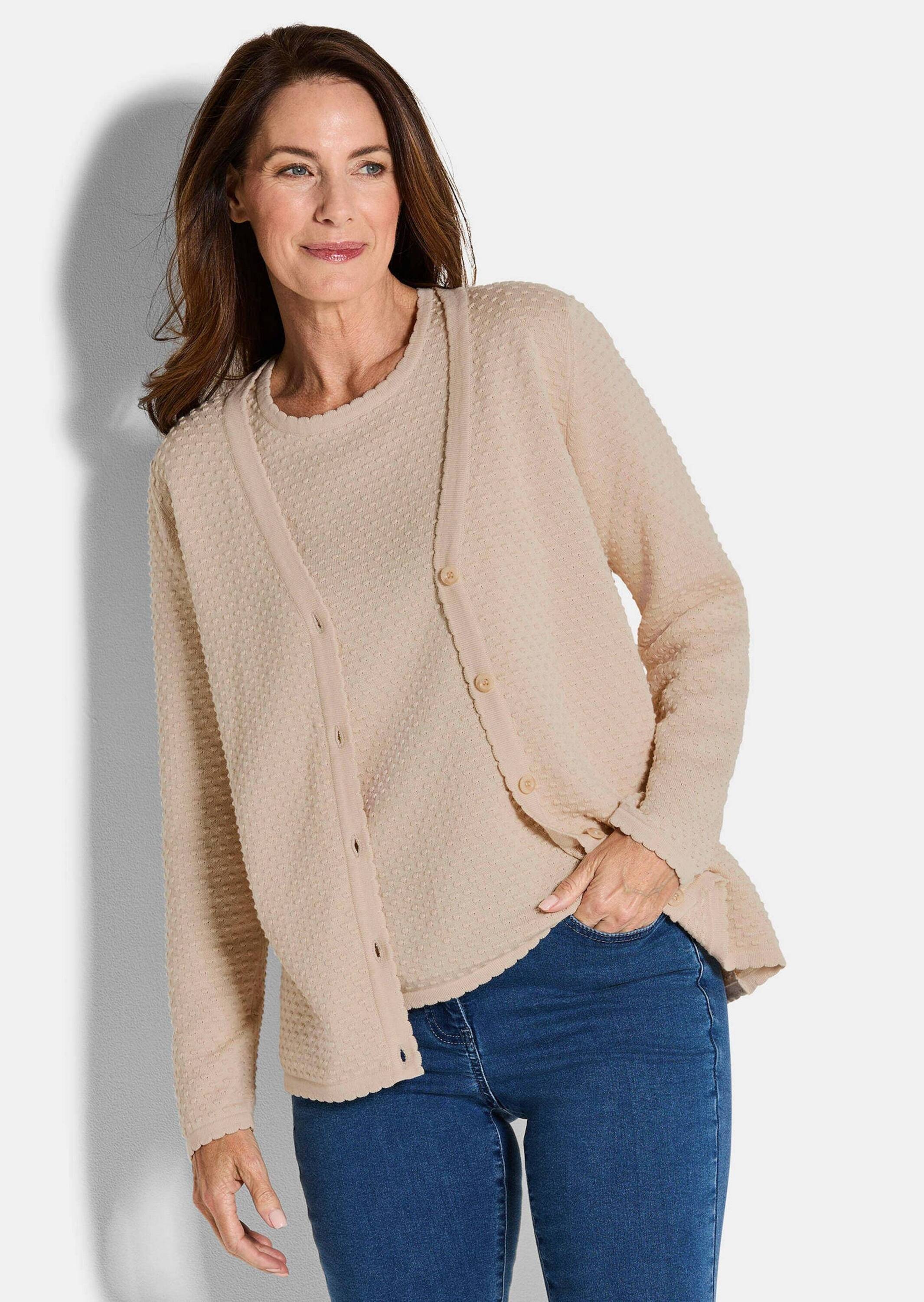 Strickjacke GOLDNER "Baumwoll-Feinstrickjacke, Langarm", Damen, Gr. 42, beige, Obermaterial: 100% Baumwolle CO., Modisch, Strickjacken Strickjacke, Pünktchenmuster 2