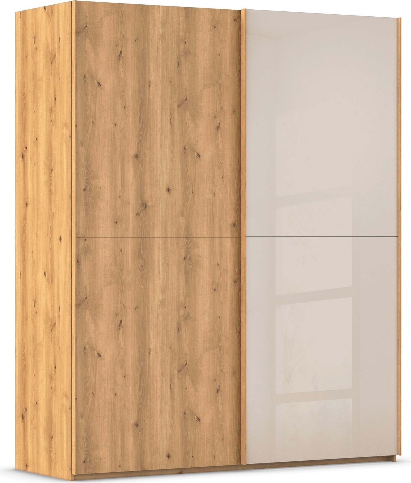rauch Schwebetürenschrank "Kleiderschrank Schrank Garderobe Schlafzimmerschrank SCALE-WOOD" edle geteilte Front in massiver Asteiche mit Glastüren MADE IN GERMANY
