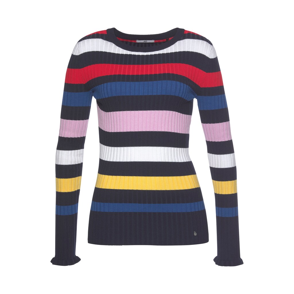Damenmode Pullover AJC Rundhalspullover, mit multicolor Streifendesign & Rüschenkante - NEUE KOLLEKTION bunt-gestreift Damenmode Pullover AJC Rundhalspullover, mit multicolor Streifendesign & Rüschenkante - NEUE KOLLEKTION bunt-gestreift