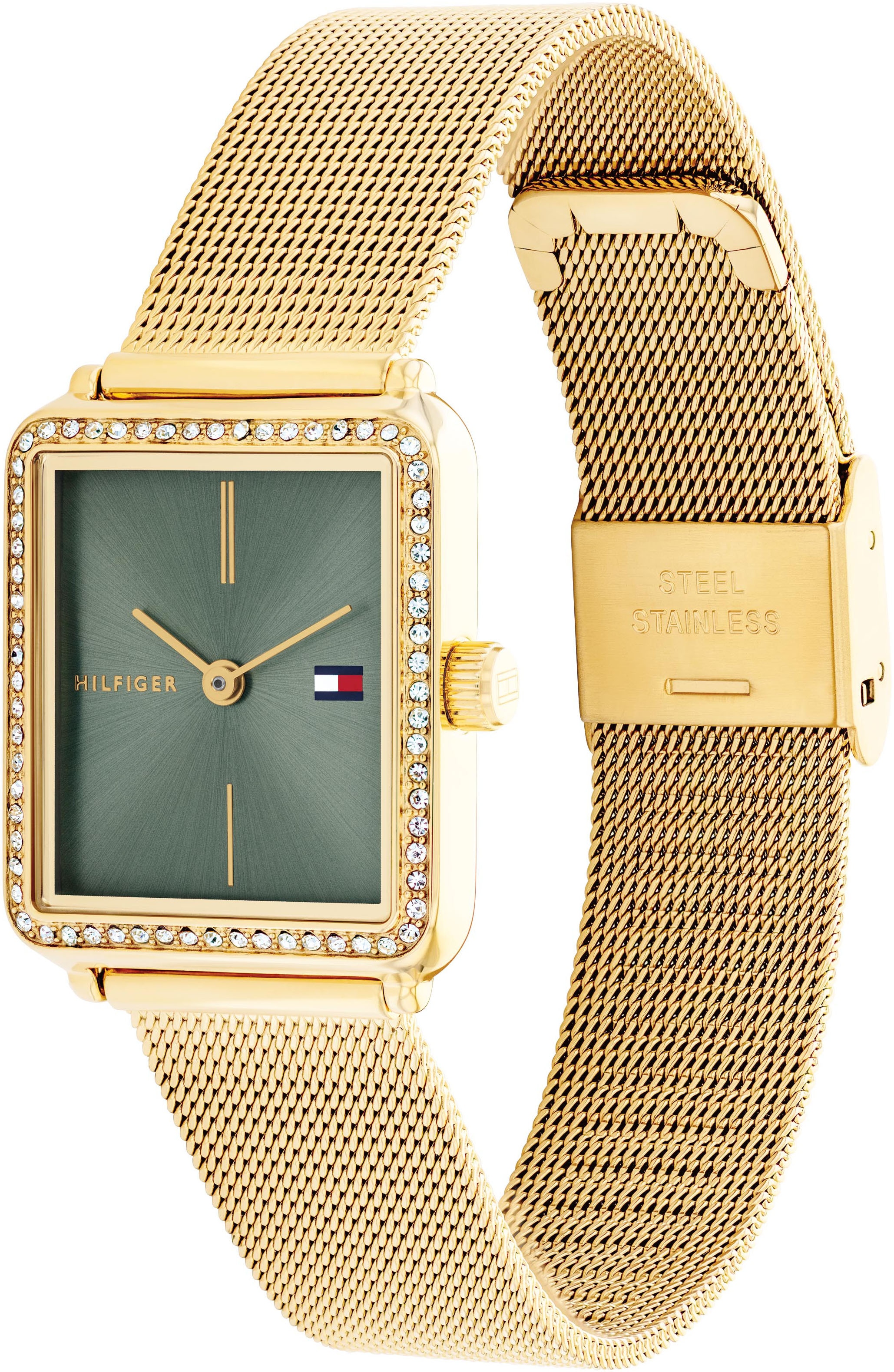 Tommy Hilfiger Quarzuhr »Tea Tank«, Armbanduhr, Damenuhr, Edelstahlarmband, analog, Glassteine