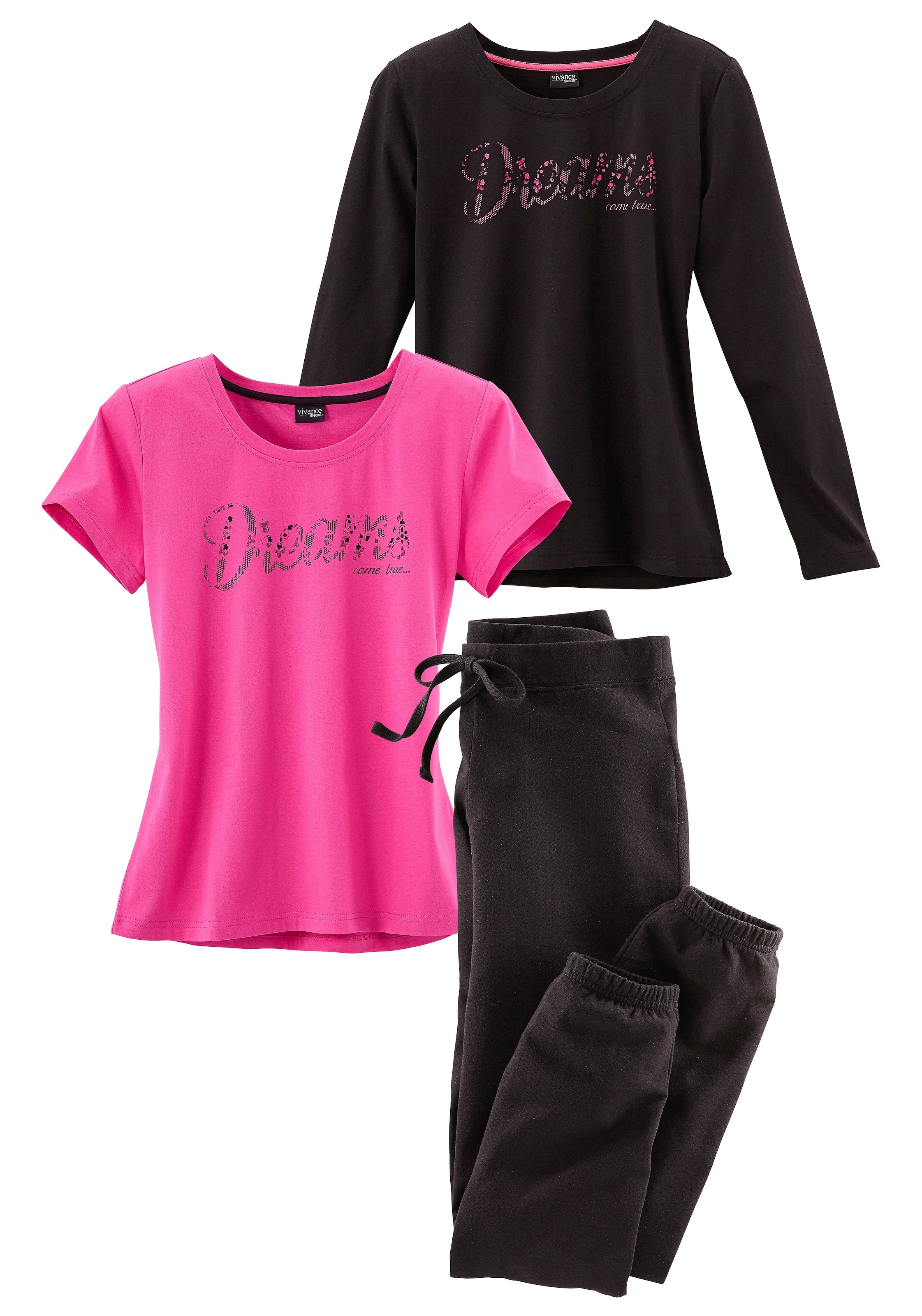 Vivance Dreams Pyjama, (Set, 3 teilig), mit Frontschriftzug
