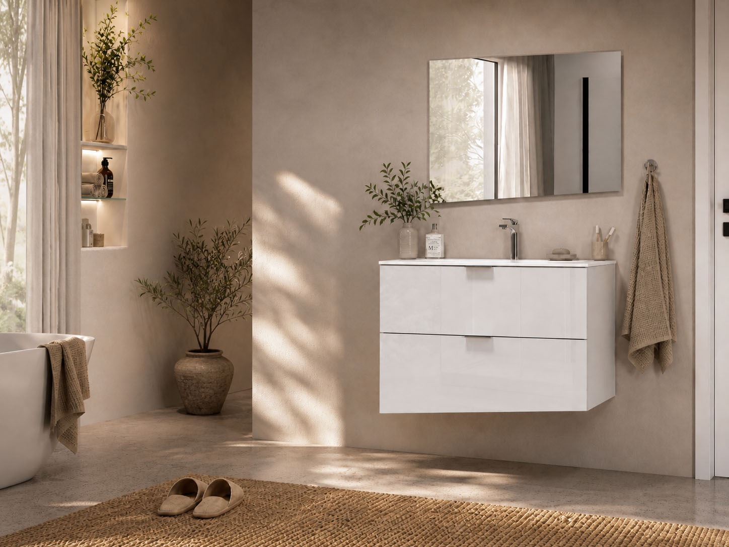 welltime Waschtisch »VELA, 82,3 cm breit, Hochglanz-Schubladen, Made in Italy« 1 Stk. tlg. Waschtischunterschrank, inkl. Waschbecken, schräge Design-Schublade