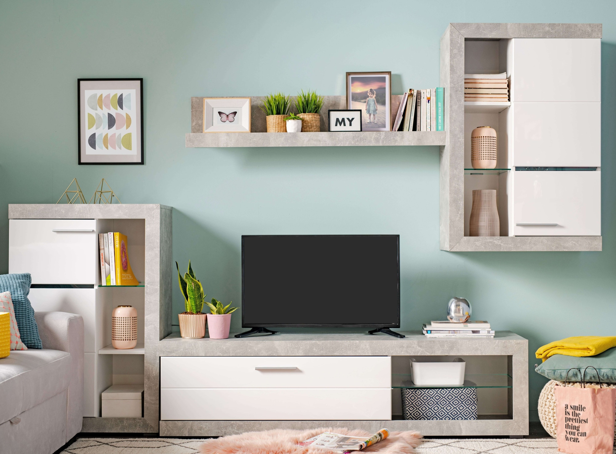 INOSIGN Wohnzimmer-Set »Rosso Wohnwand, Mediawand, Anbauwand, für TV bis 60', Breite 267 cm«, (Komplett-Set, 4 St., 4-st), Set besteht aus Highboard, TV-board, Wandregal und Hängeschrank