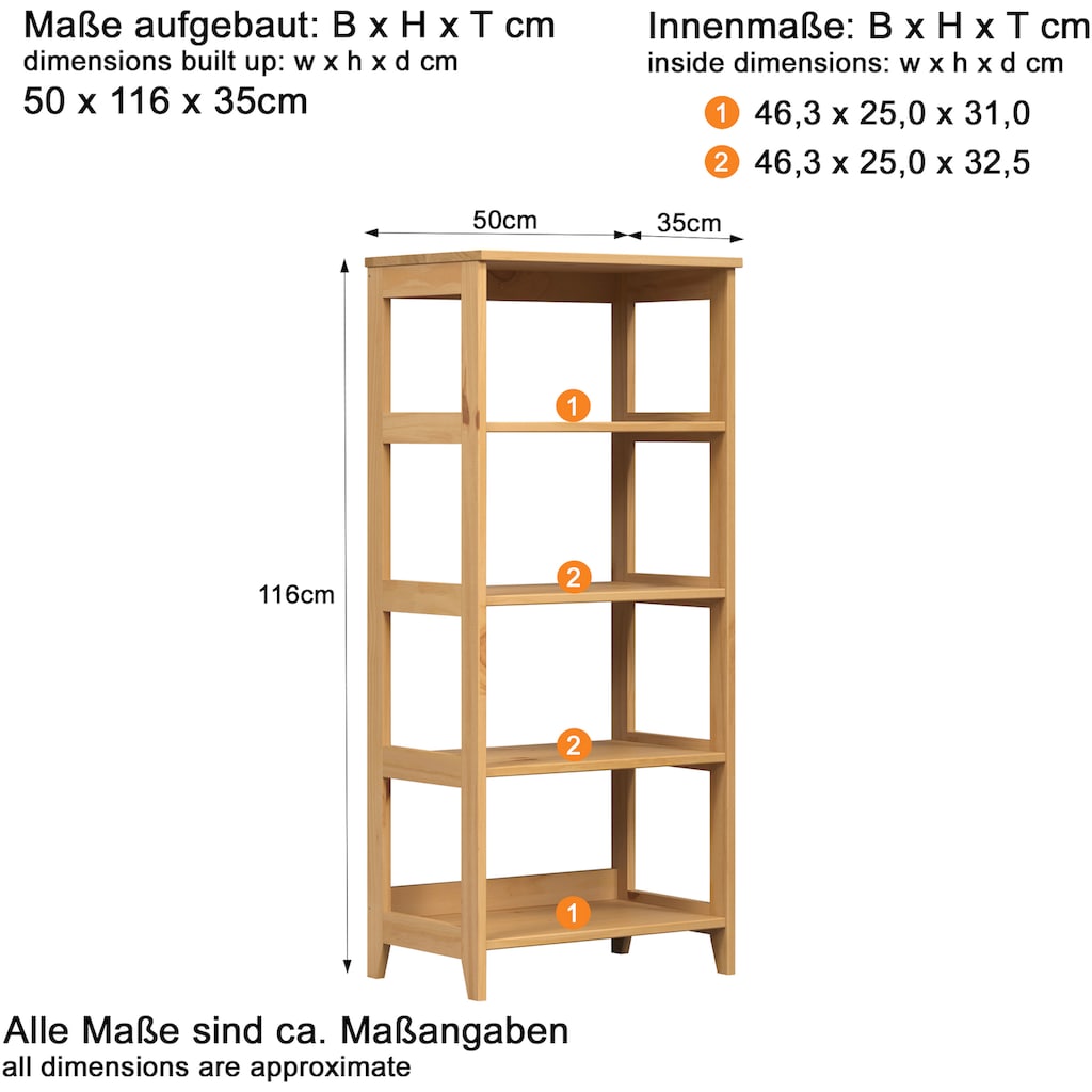 INTER-FURN Ablageregal »Arona«, (1 St.), Standregal aus Massivholz, Kiefer gewachst, B/H/T: 50 / 116 / 35 cm