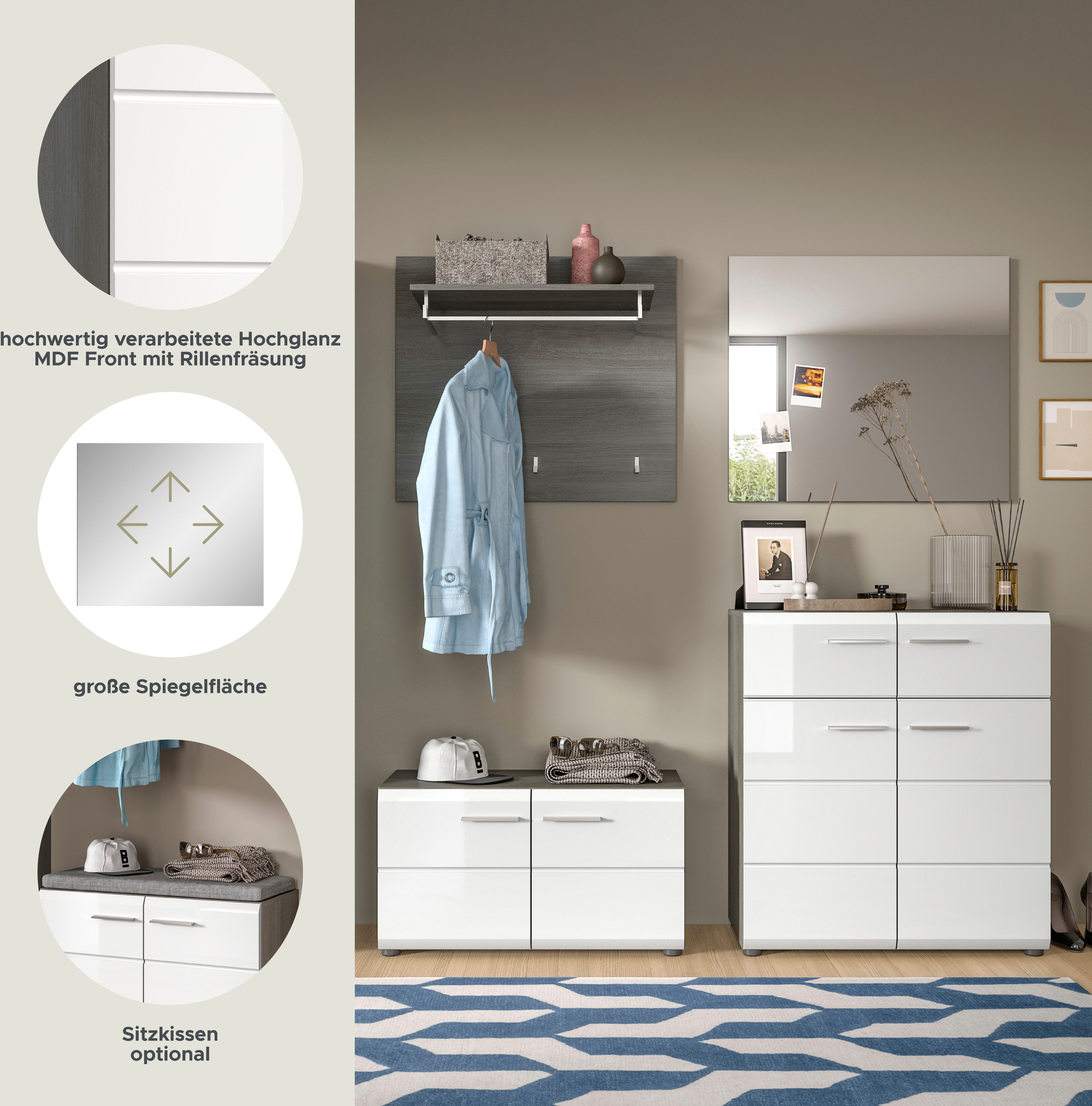 Thumbnail - INOSIGN Garderoben-Set "Rumba, 4-teilig, Breite 175 cm, Hochglanz Front, bestehend aus:" 4 Stk. tlg. Sitzbank, Garderobe...