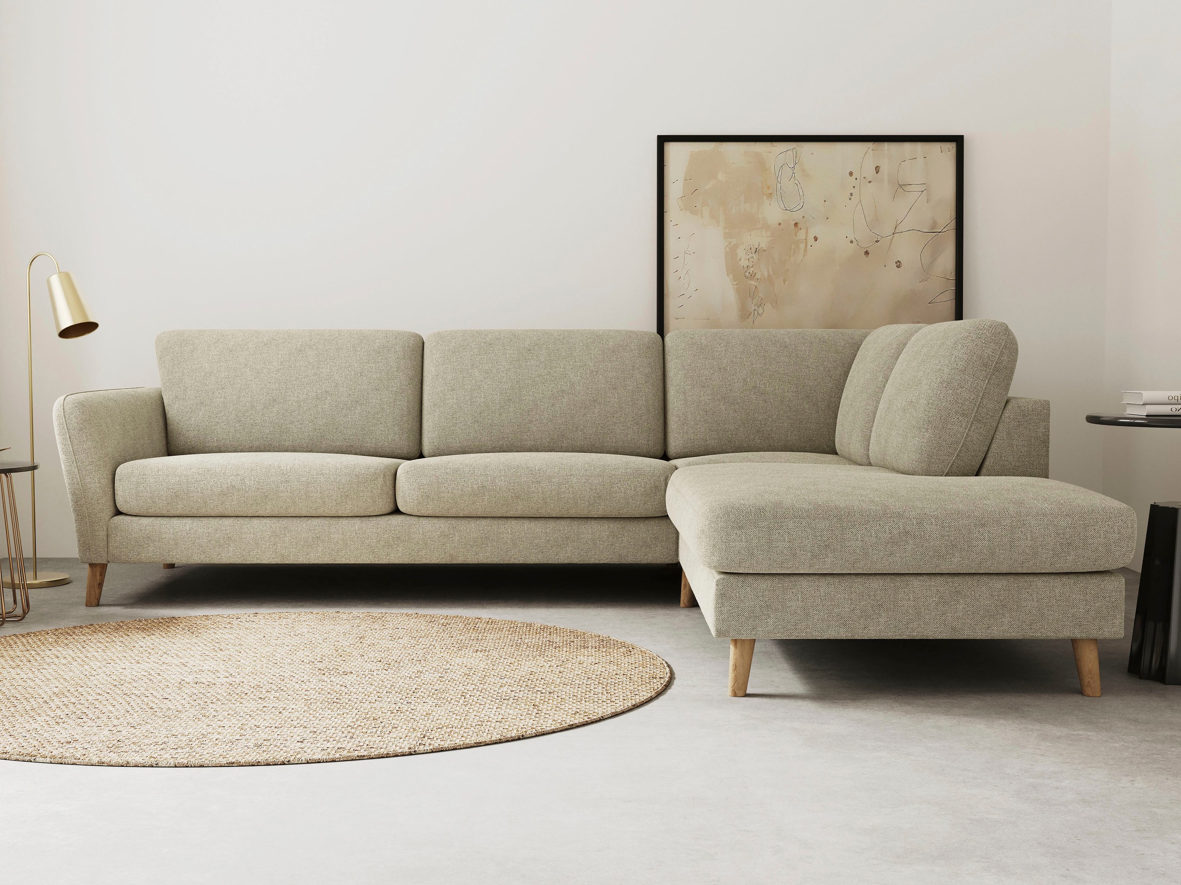 OTTO home Ecksofa "MARSEILLE 278/202 cm, L-Form, Ottom. rechts/links, verschiedene Bezüge" Massivholzbeine Eiche, Landhausstil, Wellenunterfederung