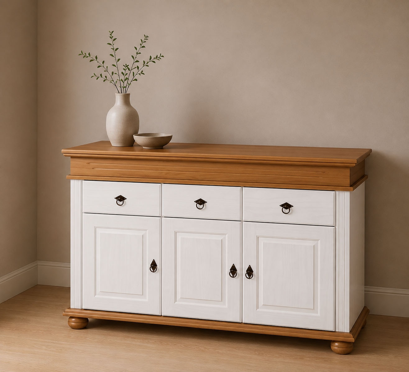 Inter Link "Halmaro, Kiefer Massivholz, Soft-close, 141 x 46 x 100 cm, Stauraum" 1 Stk. tlg. Sideboard in Weiss, Braun/Oak, Landhausstil, 3 Türen, 3 Schubladen