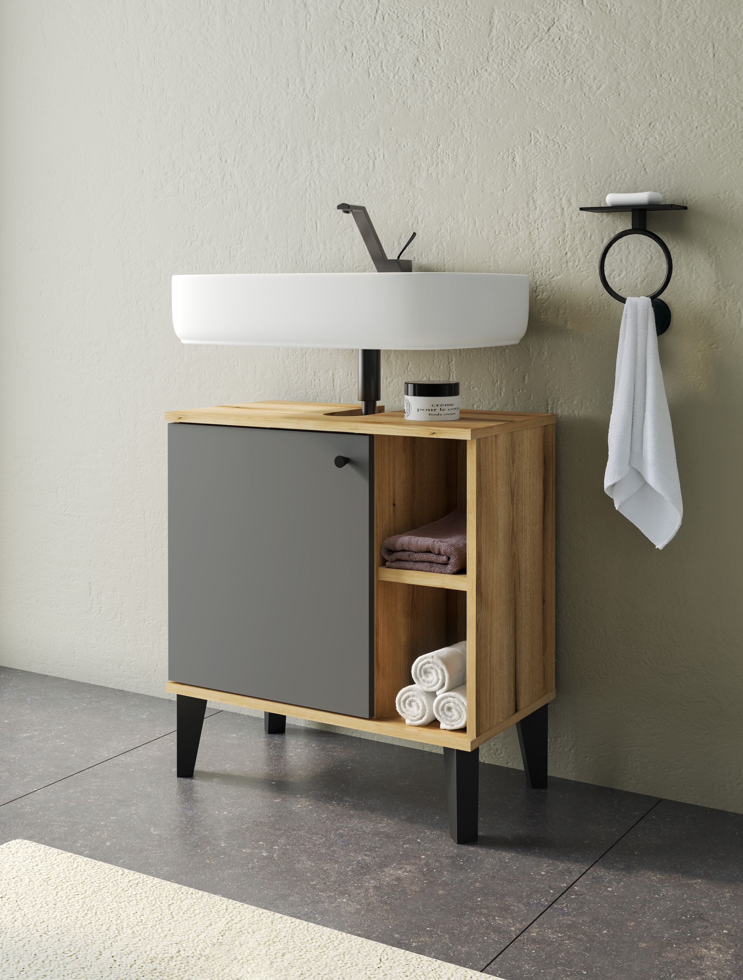 INOSIGN Waschbeckenunterschrank »Oslo, Waschtisch mit Knopfgriff, Badschrank im skandinavischen Design«, in der Türfarbe Weiß oder Grau verfügbar, ausreichend Stauraum