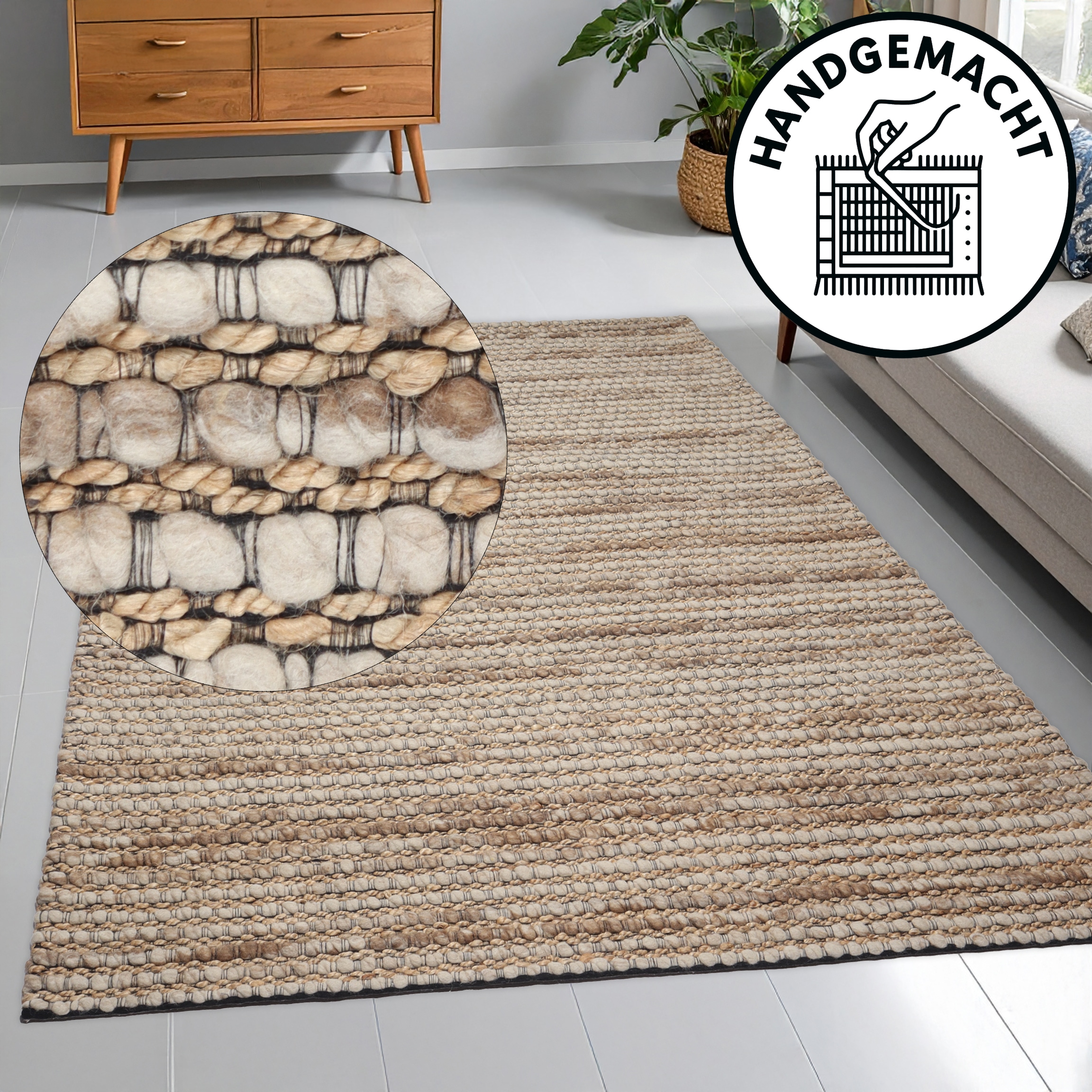 OTTO home Wollteppich "Leevy, Wolle und Jute, handgewebt, Handweb Teppiche" rechteckig 25 mm Höhe schöne Streifenoptik, Wohnzimmer, Schlafzimmer, Esszimmer