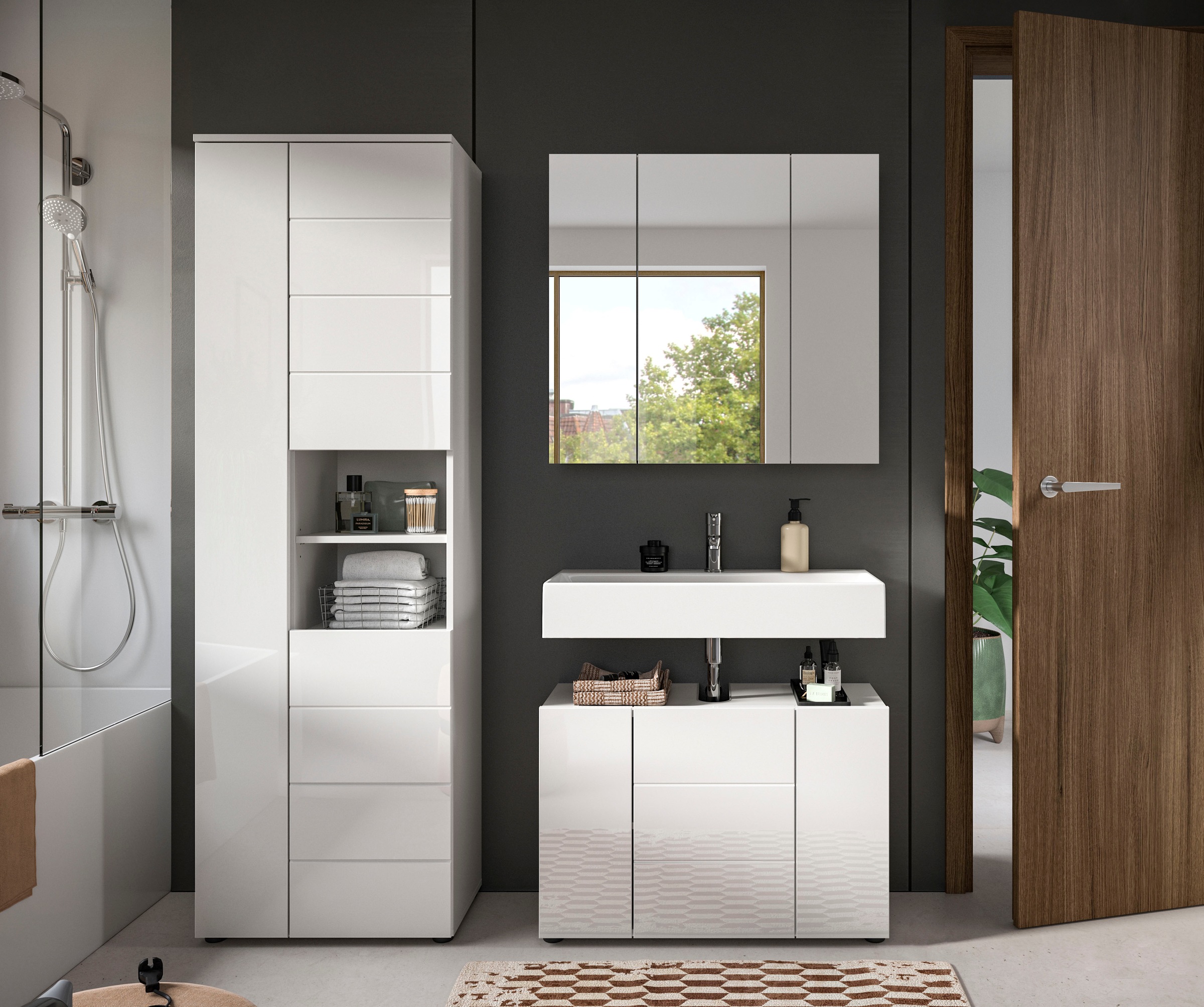 welltime Badmöbel-Set »Biel, Höhe 190 cm, Hochschrank, Unterschrank, Spiegelschrank«, (3 St.), Bad Set, modernes Design, Hochschrank, Unterschrank, Spiegel