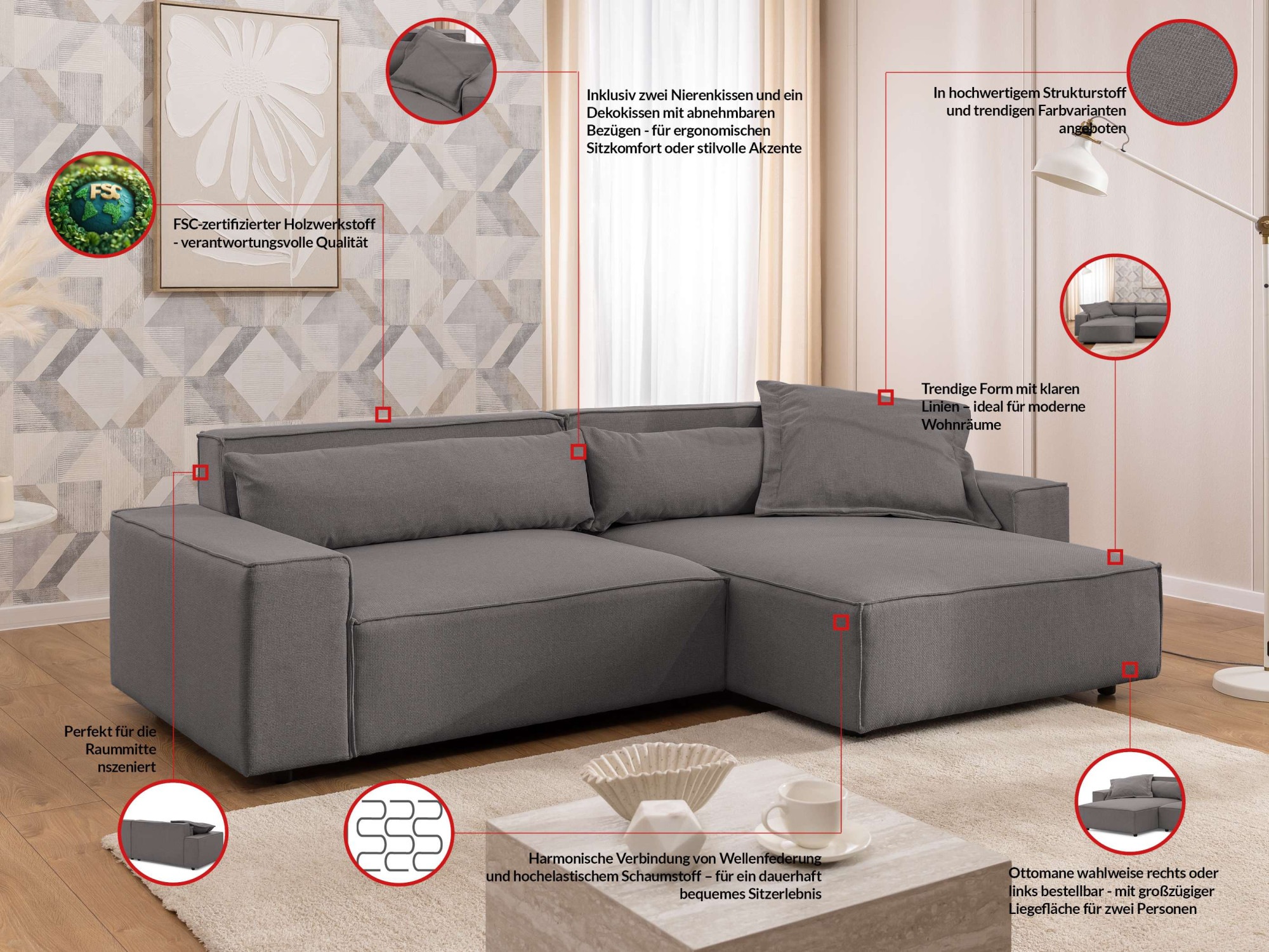 Thumbnail - OTTO home Ecksofa "KINLEE Design-Sofa mit Recamiere rechts/links, Maße B/T/H 251/144/70cm" L-Form mit Wellenunterfederun...