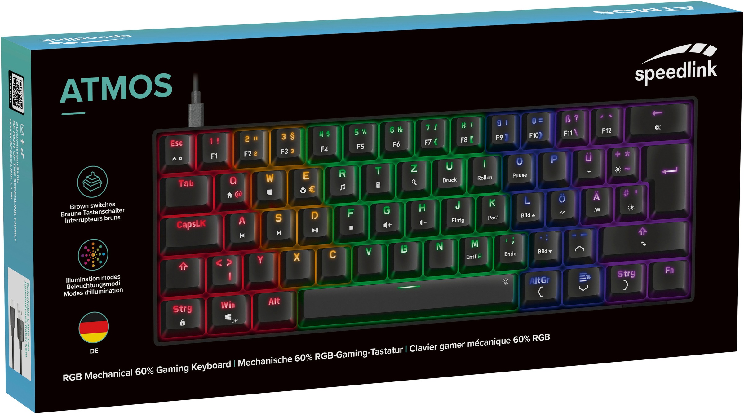 Speedlink Gaming-Tastatur »ATMOS RGB Rainbow Mechanisches 60% Tastenfeld«, (Fn-Tasten-USB-Anschluss), DE Layout, brown switches