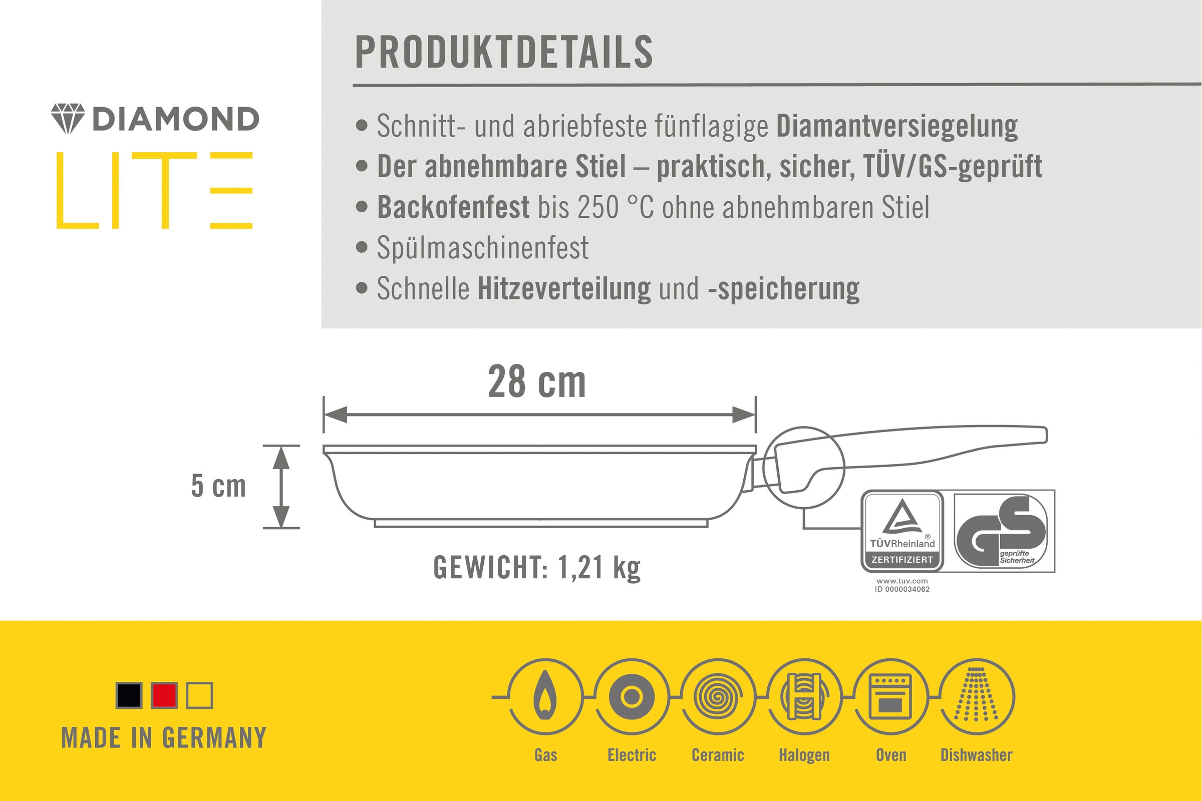 WOLL MADE IN GERMANY Bratpfanne »Diamond Lite«, Aluminium, (Set, 3 tlg.), Induktion, inkl. Pfannenwender, abnehmbarer Stiel, Made in Germany