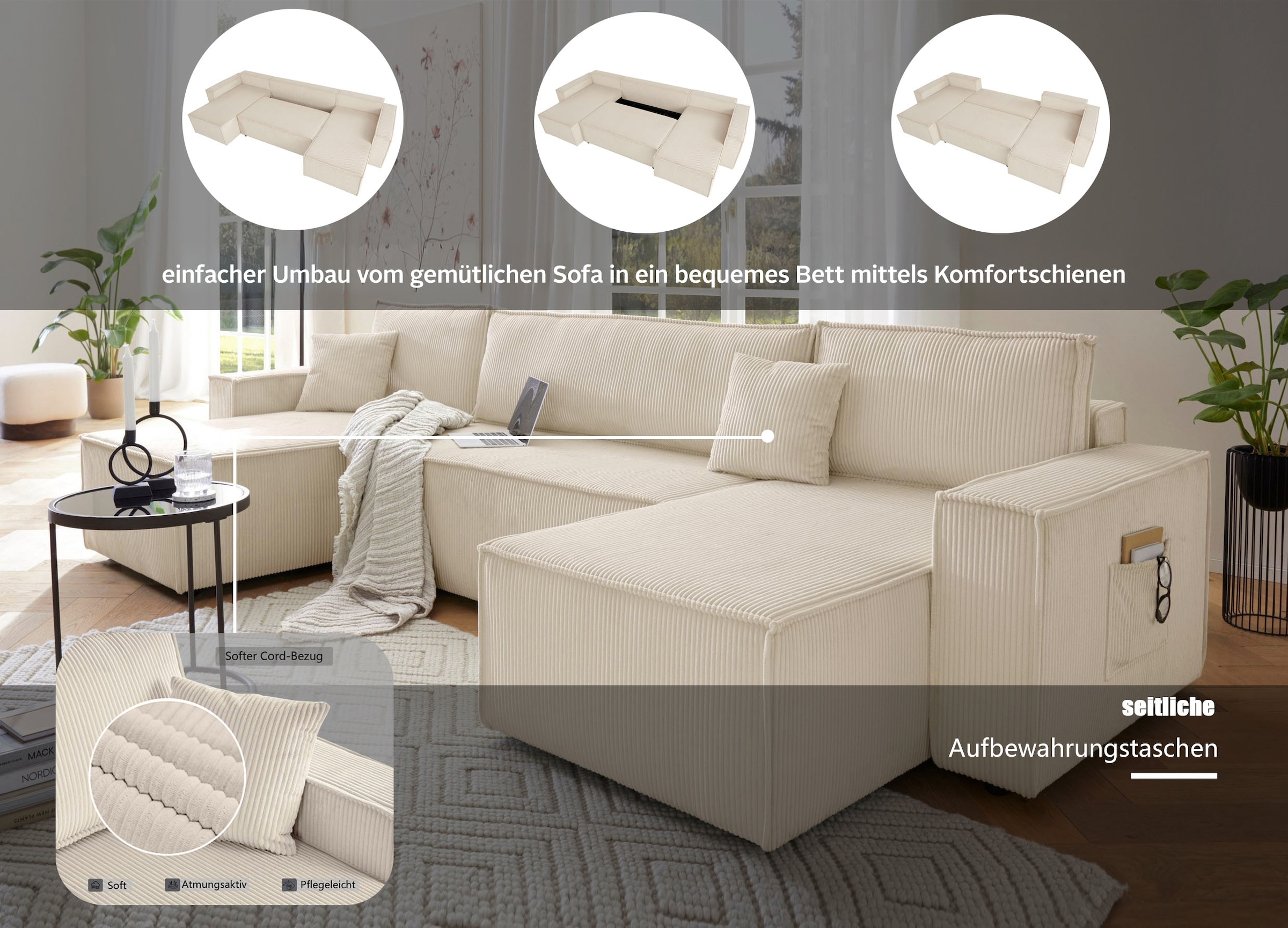 OTTO home Wohnlandschaft »CASSI, 311 cm, U-Form, Schlafsofa, Dauerschläfer, Boxspringfederung« Schlaffunktion (133/270cm), Bettkasten, Seitentaschen, Cord-Bezug