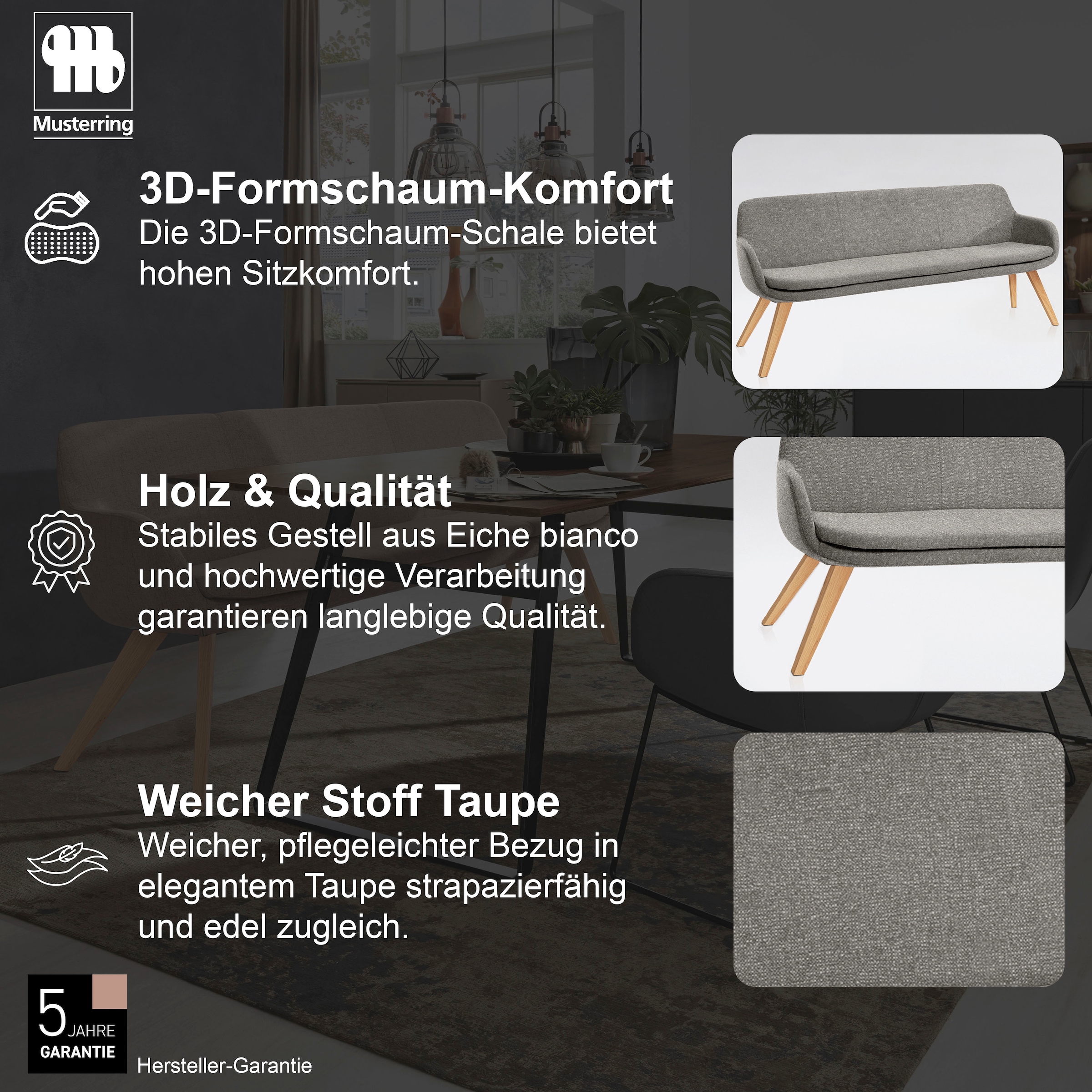 Musterring Essbank »Tavia« Stativgestell aus Eiche bianco massiv, Breite 180, 200 oder 220 cm