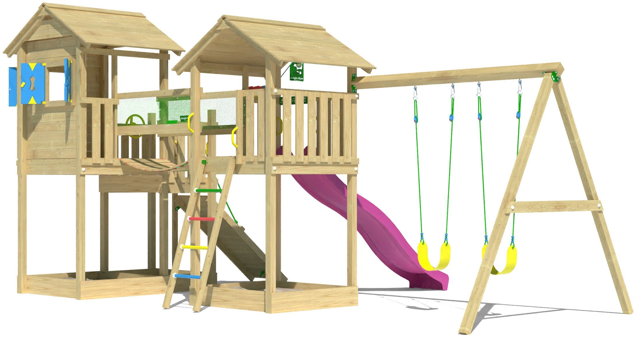Jungle Gym Spielturm »Stronghold«, (Set), Spielanlage mit 2 Türmen, Schaukel und Rutsche mit Wasseranschluss