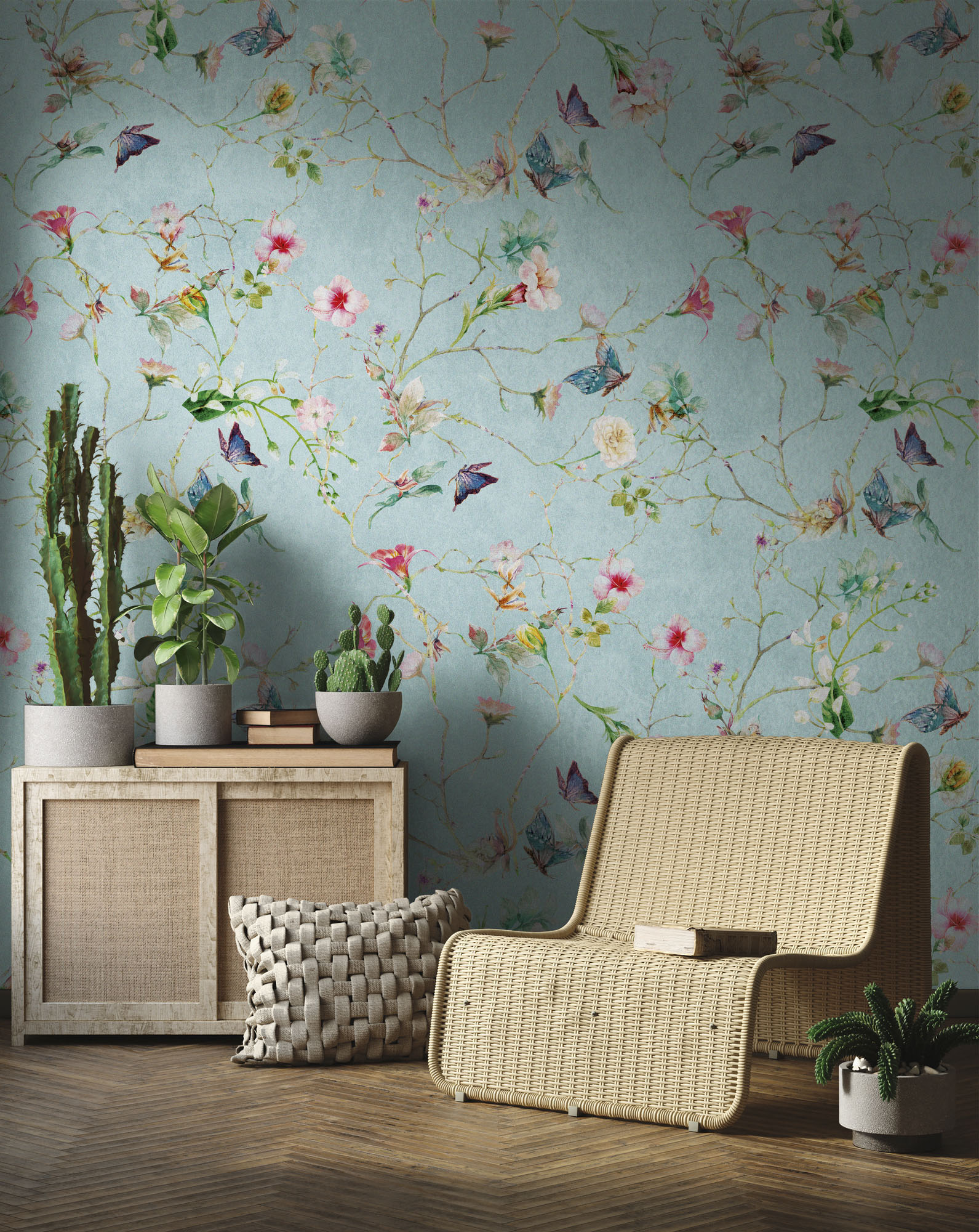 living walls Fototapete "The Wall" floral geblümt glatt Fototapete Blume Tapete Landhaus Türkis Tapeten Wohnzimmer Design Büro