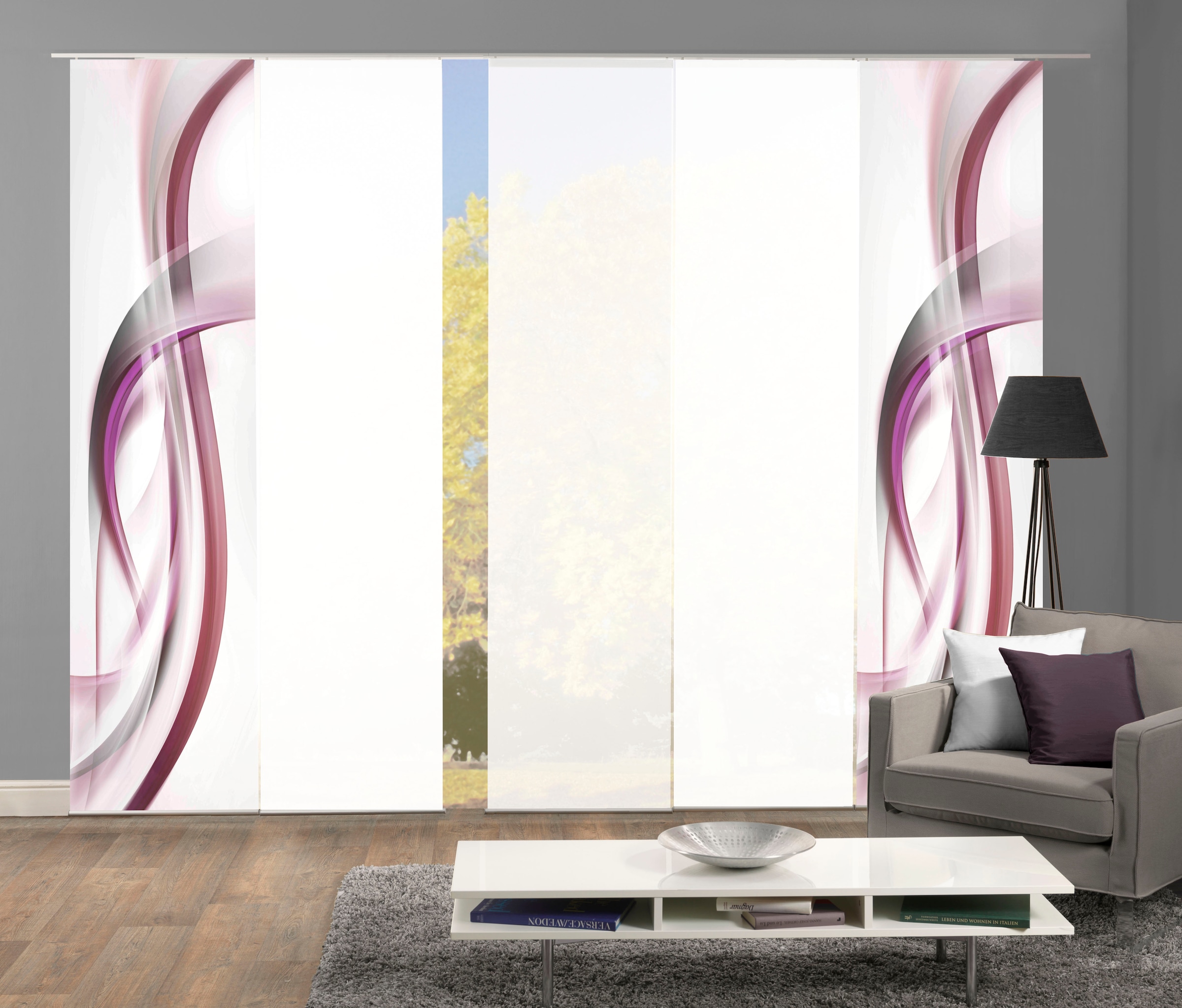 Schiebegardine HOME WOHNIDEEN, B:60cm H:245cm, lila, Polyester, Wohnzimmer, Gardinen, "FALA", Schiebevorhang Digi 5er Set FALA BEERE