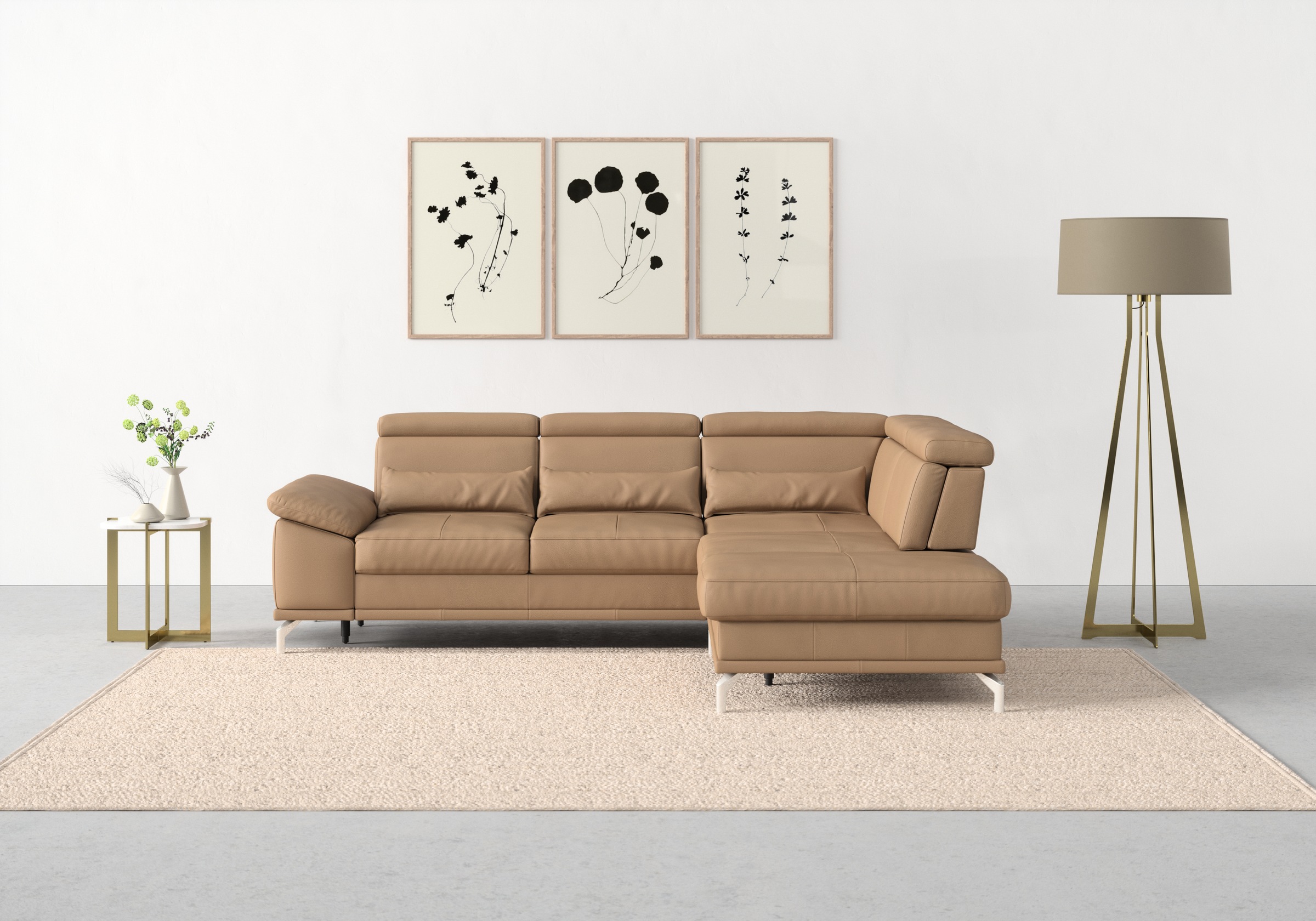 sit&more Ecksofa »Cabrio L-Form, mit Sitztiefenverstellung, Arm- und Kopfteilverstellung«, 3 Nierenkissen, Federkern, optional Bettfunktion und Stauraum