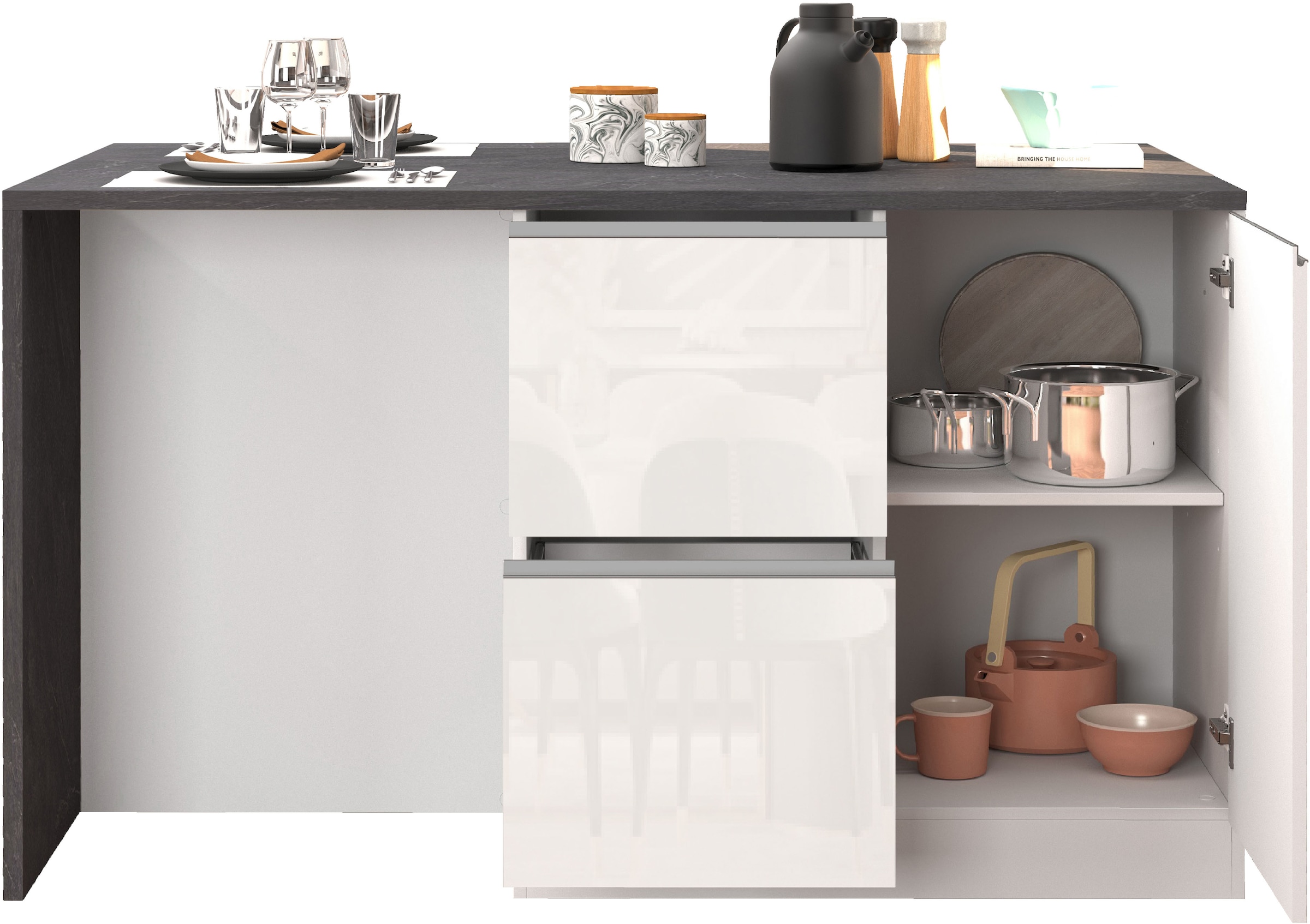 KOCHSTATION Kücheninsel »KS-Sole, Kochinsel, Küchenarbeitsblock, Inselküche, Arbeitsinsel« Breite 152,5 cm, mit Essplatz, Handtuchhalter, Fächer und Weinregal