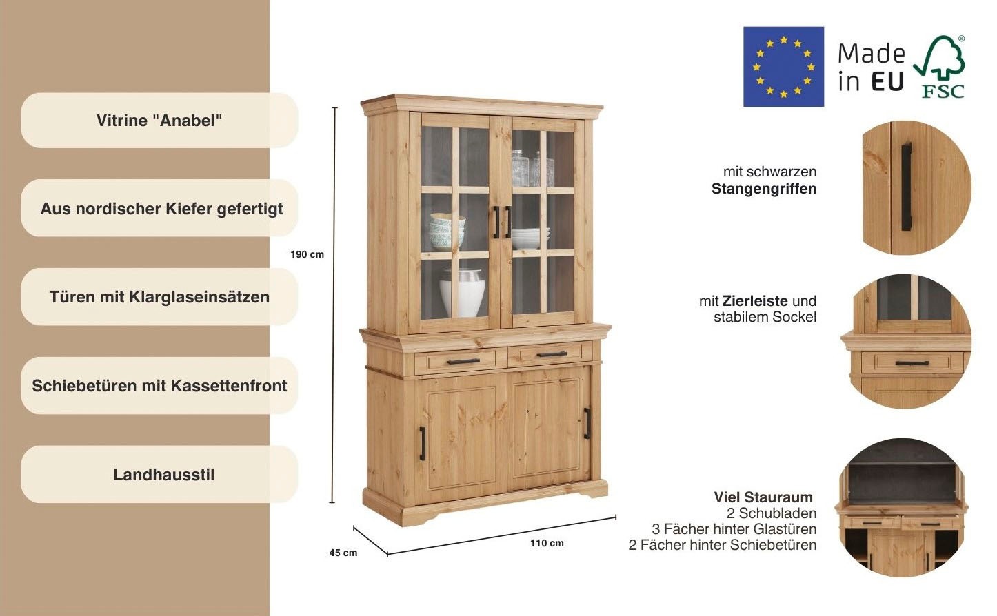 Home affaire Vitrine »Anabel«, aus massiver Kiefer, Breite 110 cm