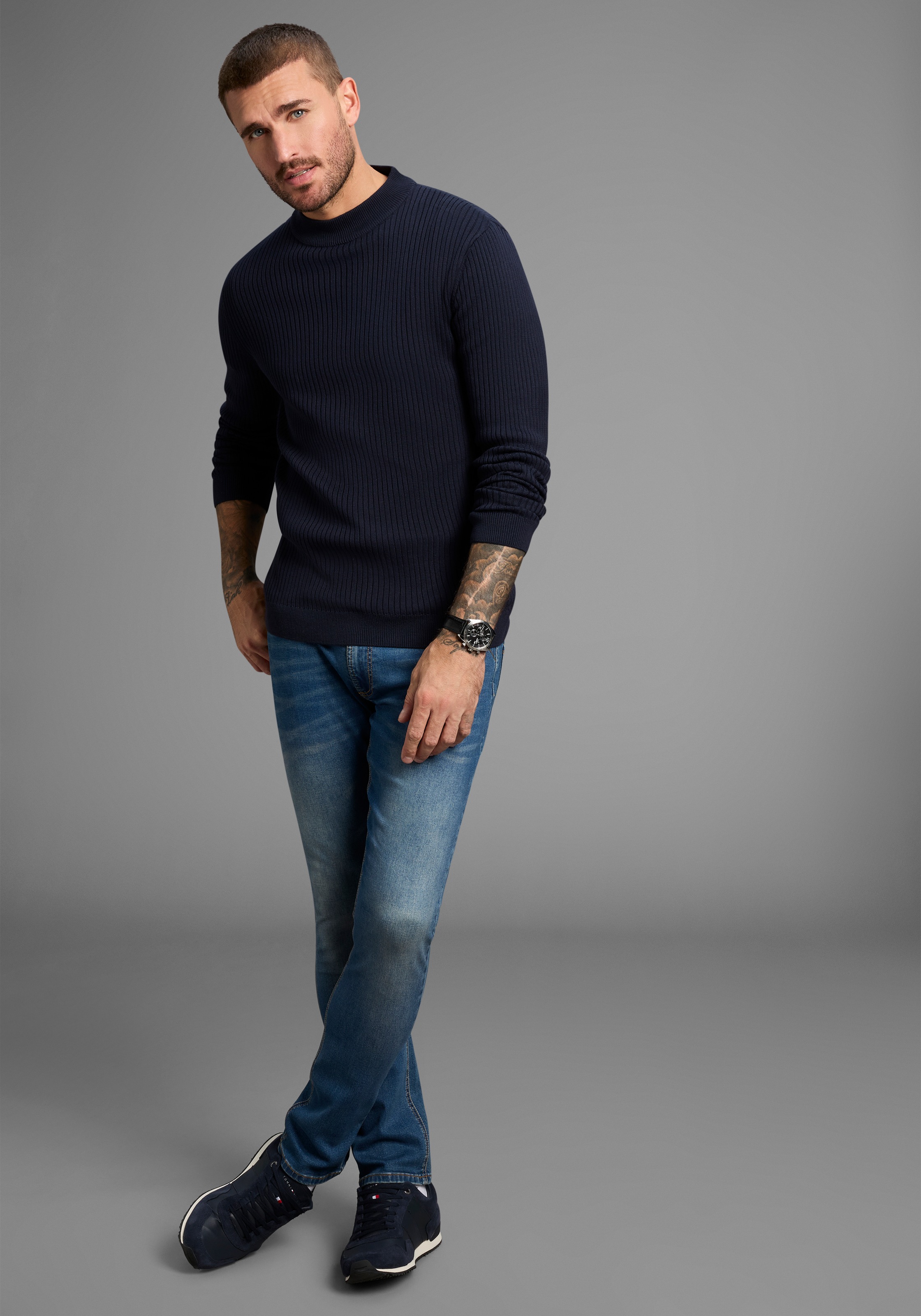 Bruno Banani Stehkragenpullover, in Rippstrickoptik