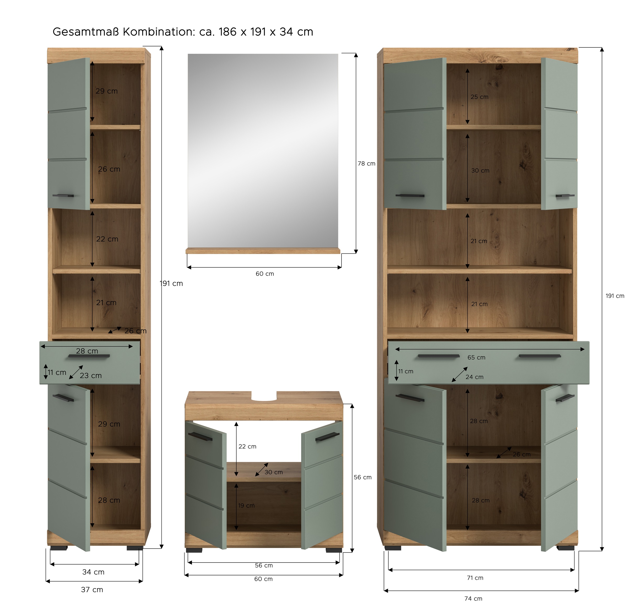 INOSIGN Badmöbel-Set »Siena, 4 teilig, bestehend aus:«, (Set), Hochschrank, Waschbeckenunterschrank, Badspiegel, Hochschrank breit