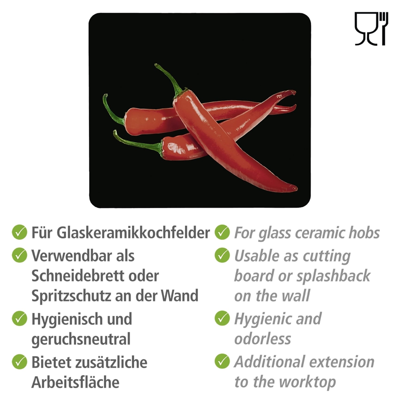 WENKO Herd-Abdeckplatte »Modell Hot Peperoni«, Spritzschutz, Herdblende, Schneidbrett, für Glaskeramik-Kochfelder
