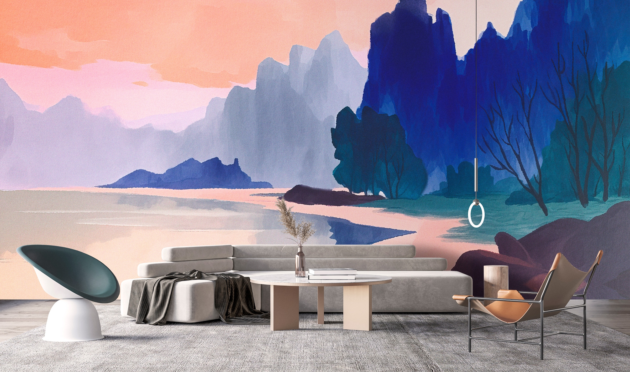 living walls Vliestapete "Landschafts-Tapete Aquarelloptik Rosa Blau Natur" matt glatt Image