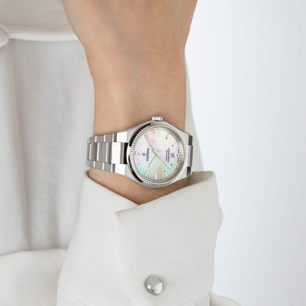 Festina Quarzuhr »Rive Collection«, Armbanduhr, Damenuhr, Swiss Made, Edelstahlarmband, analog, Tag