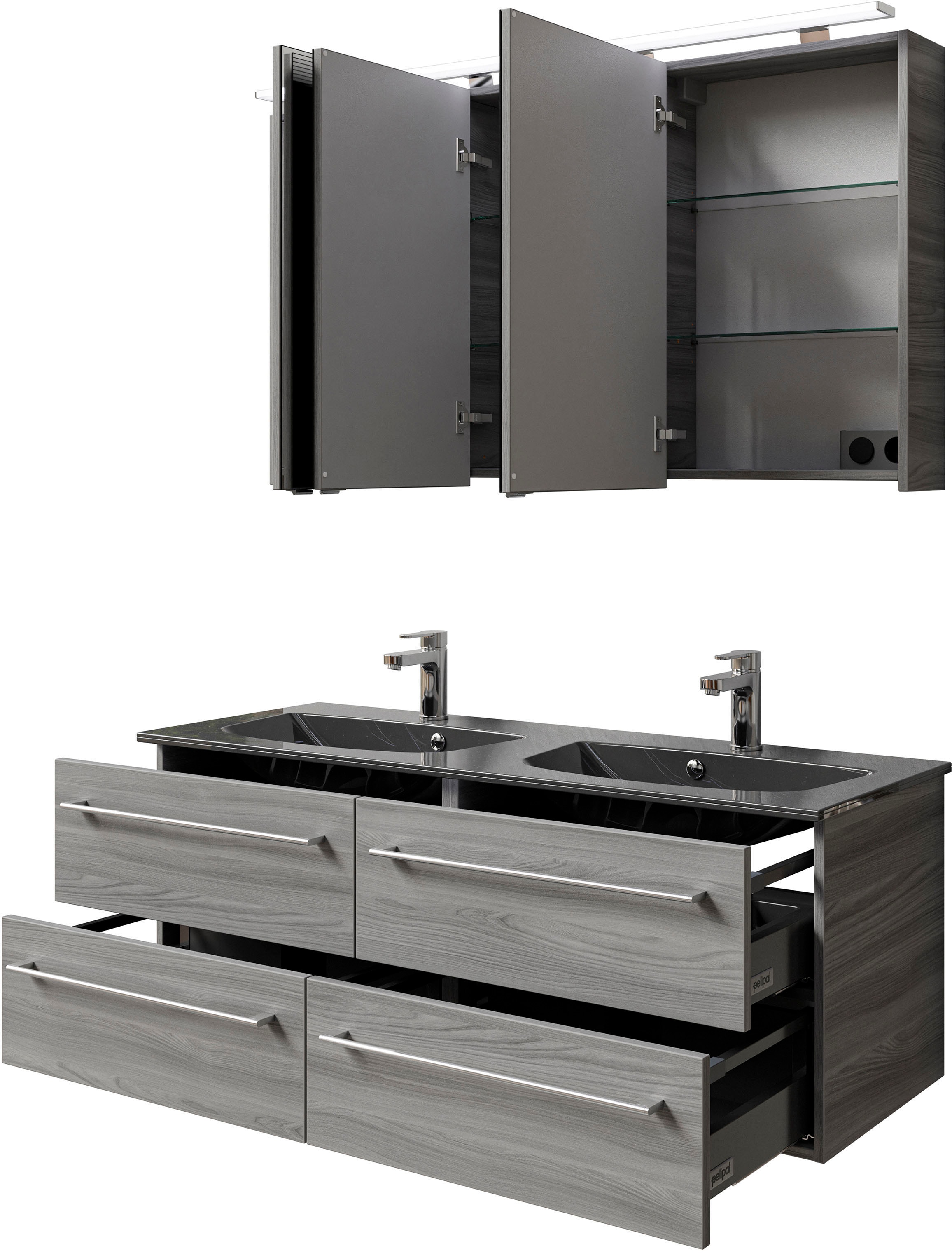 Saphir Badmöbel-Set »Serie 6025 2-teilig Mineralmarmor-Waschtisch mit LED-Spiegelschrank«, (2 St.), Waschplatz 132cm breit, 4 Schubladen, 2 Spiegel-Türen, inkl Türdämpfer