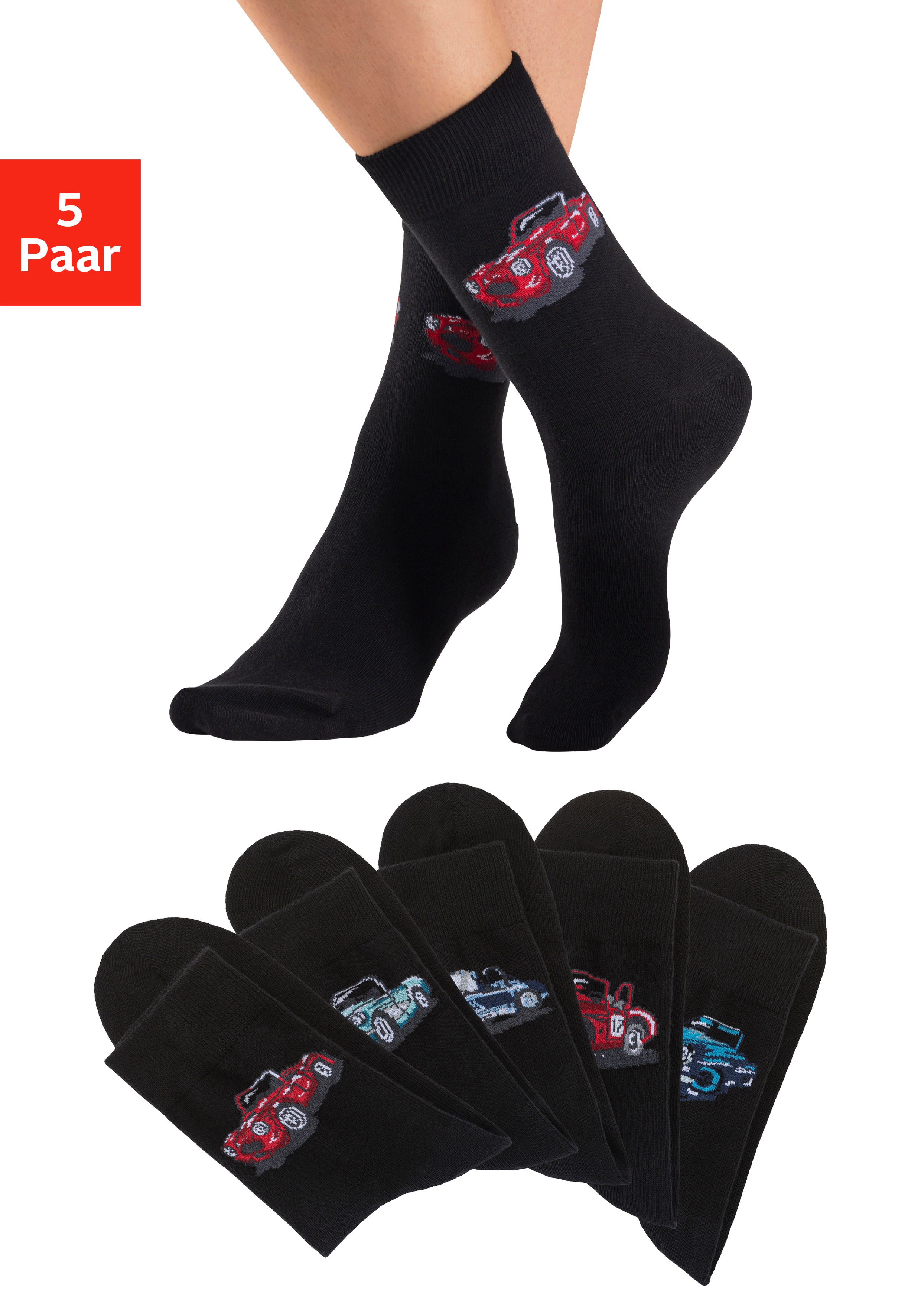 H.I.S Freizeitsocken "Damen und Herrensocken Motivsocken" Packung, 5 Paar tlg. mit eingestrickten Automobil Motiven