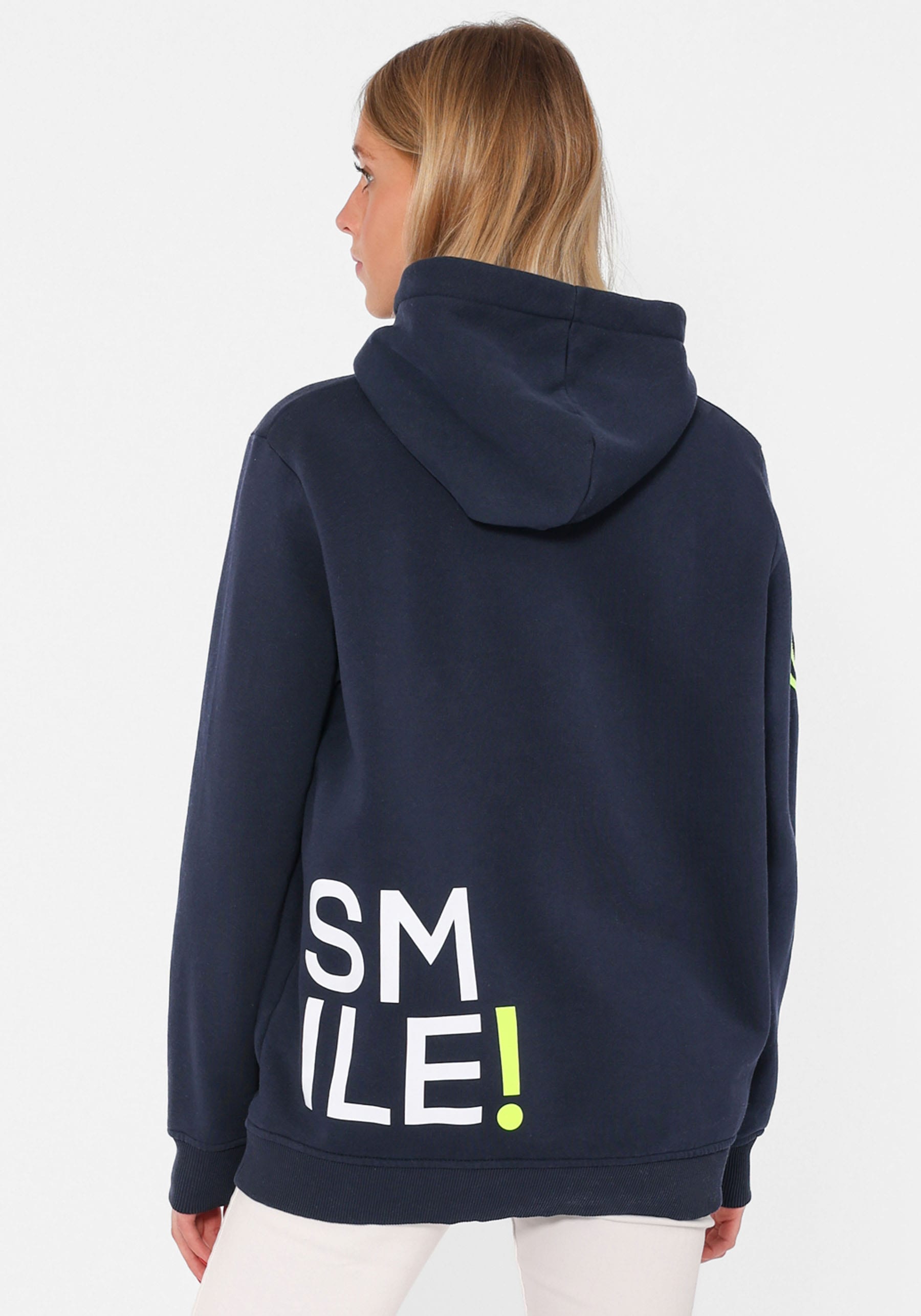 Zwillingsherz Hoodie, mit "Smile"-Aufdruck in Neonfarben und gesticktem Smi günstig online kaufen