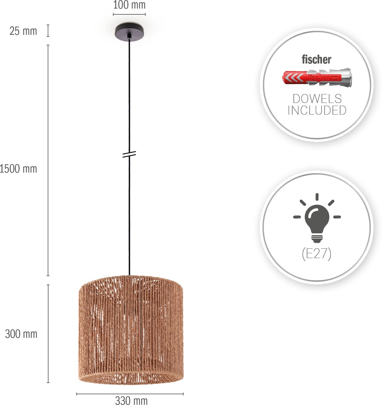 Paco Home Pendelleuchte »Hugo Ramira«, Leuchtmittel E27 | ohne Leuchtmittel, Wohnzimmer Esszimmer Rattan Optik Boho Schirm Papier E27 Modern