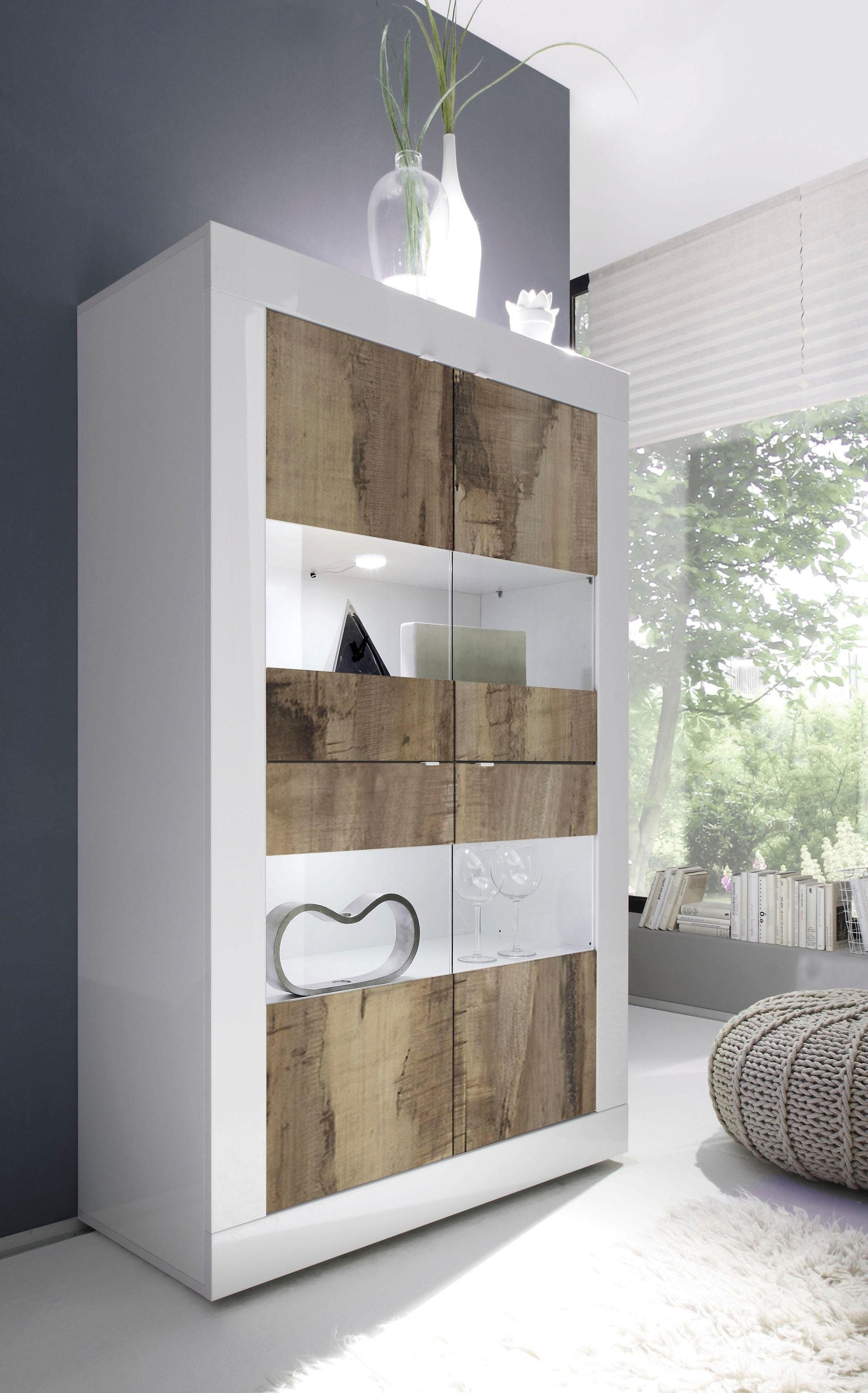 Home affaire Vitrine "Basic Höhe 162 cm, Standvitrine mit 4 Türen - Metallgriffe," Stauraumvitrine in moderner Rahmenoptik, Hochschrank, Anrichte