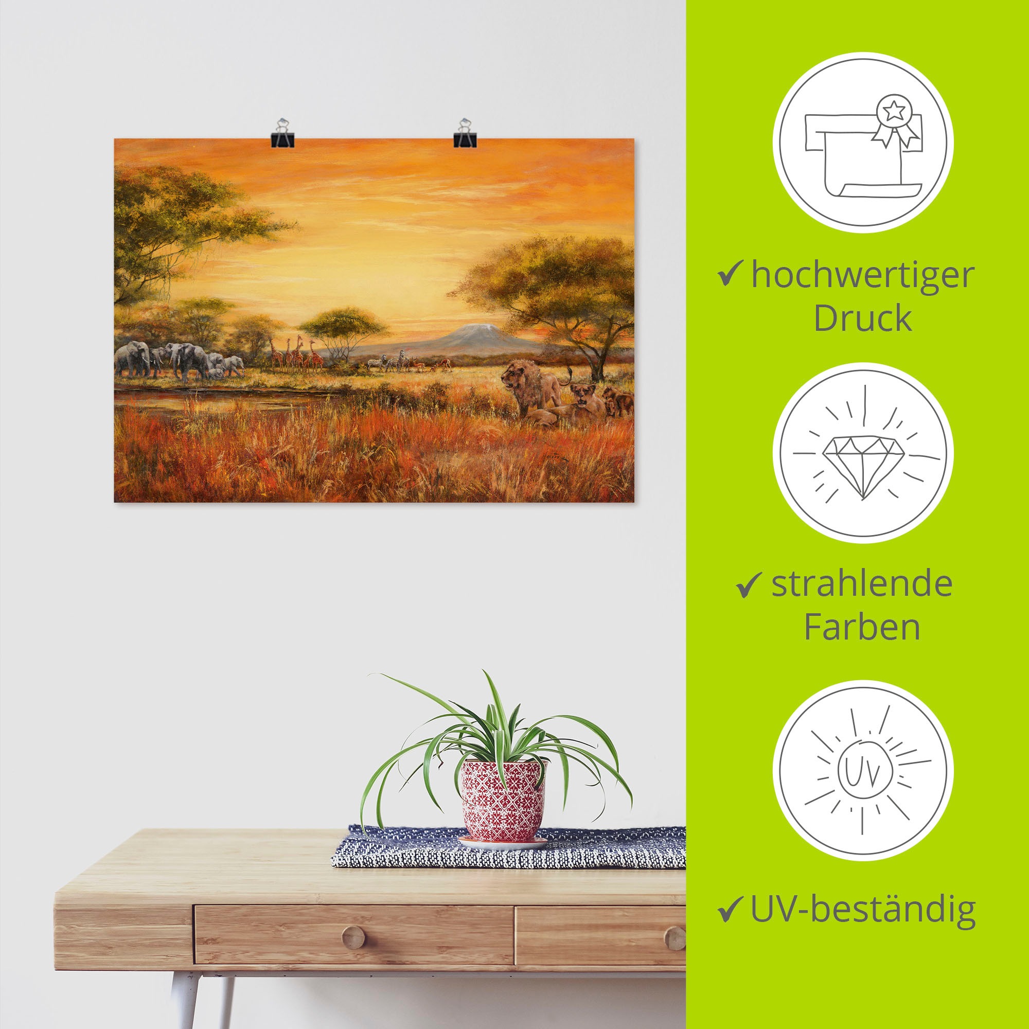 Artland Wandbild »Afrikanische Steppe mit Löwen«, Afrika, (1 St.), als Alubild, Outdoorbild, Leinwandbild, Poster, Wandaufkleber