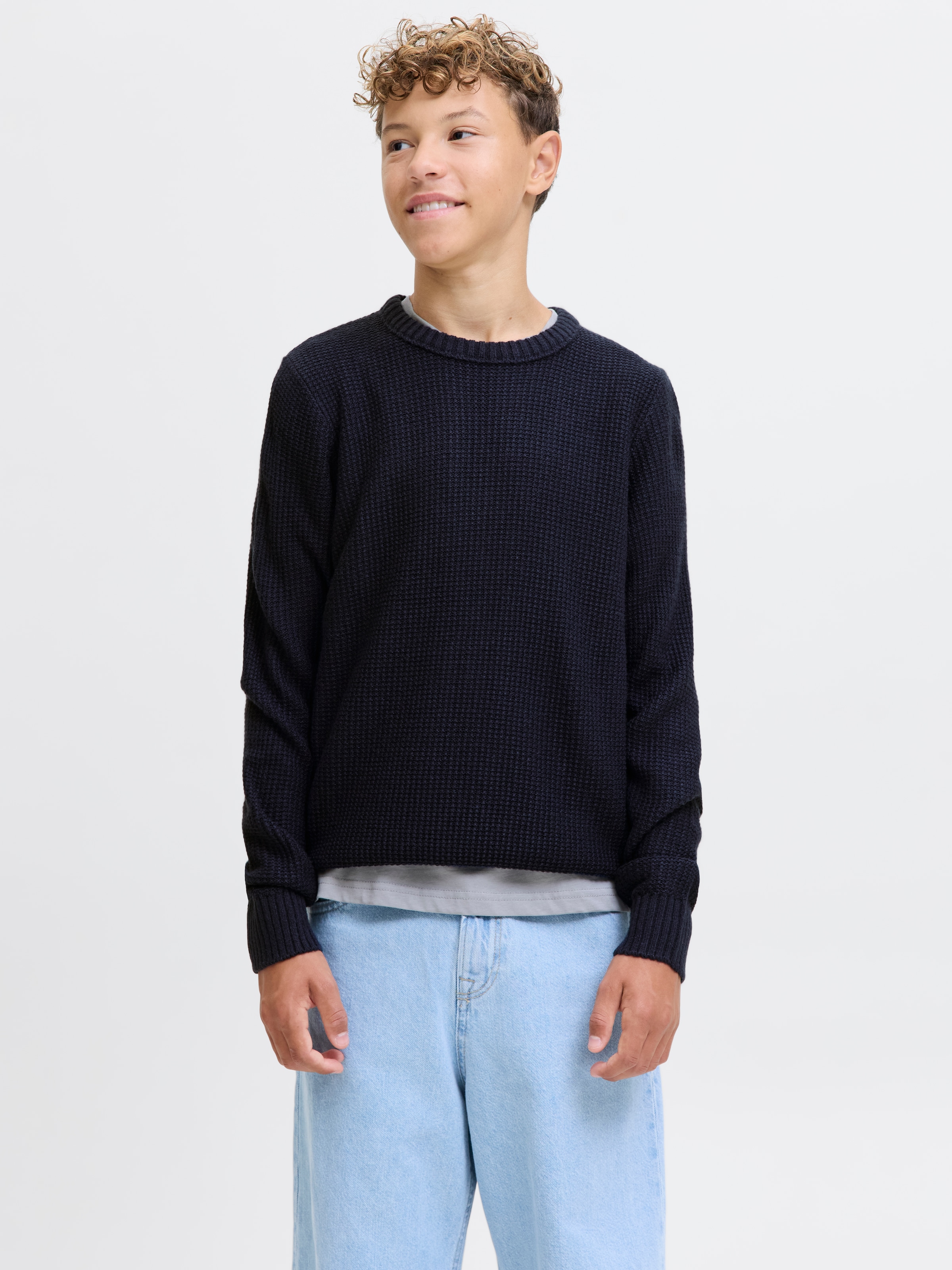 Jungen Rundhalspullover "JJROY KNIT CREW NECK AW25 JNR", blau, Gr. 152, JACK & JONES JUNIOR, unifarben, Strick, Obermaterial: 100% Polyacryl, Pullover