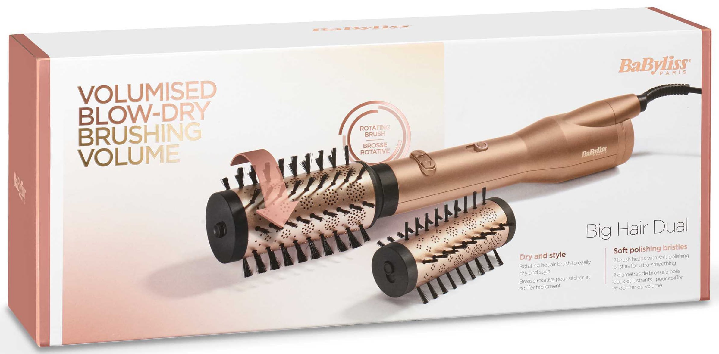 BaByliss Warmluftbürste »Big Hair Dual Warmluftbürste rotierend,  AS952E« 2 Aufsätze Rotierender Rundbürstenföhn mit Ionen, 2 Aufsätze für Volumen, 650 W