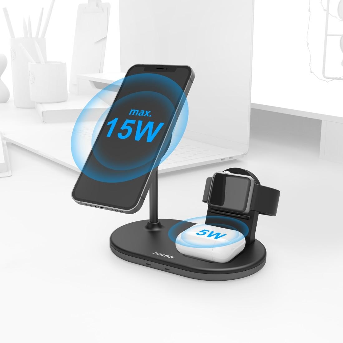 Hama Induktions-Ladegerät »3in1 Wireless Charger Ladestation für Apple iPhone AirPod Apple Watch«, mit Pad, Fast-Charge-Technologie, Apple iPhone 12, 13, 14, 15-Modelle