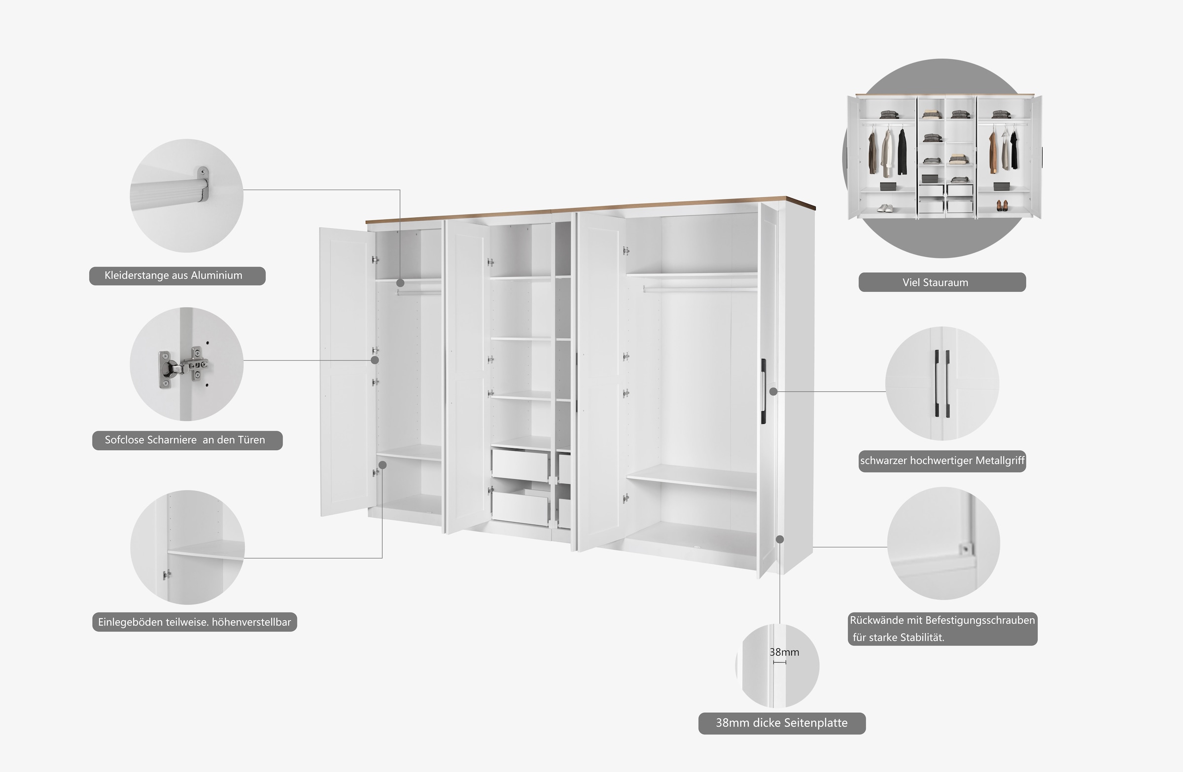 OTTO home Kleiderschrank »Büsum Schlafzimmer Schrank Otto´s Choice mit 6 Softclose Türen« stabile robuste Bauweise mit optimaler Aufteilung  - Breite 3m,  Schlafzimmerschrank Landhaus Design Garderobe Schrank Bestseller