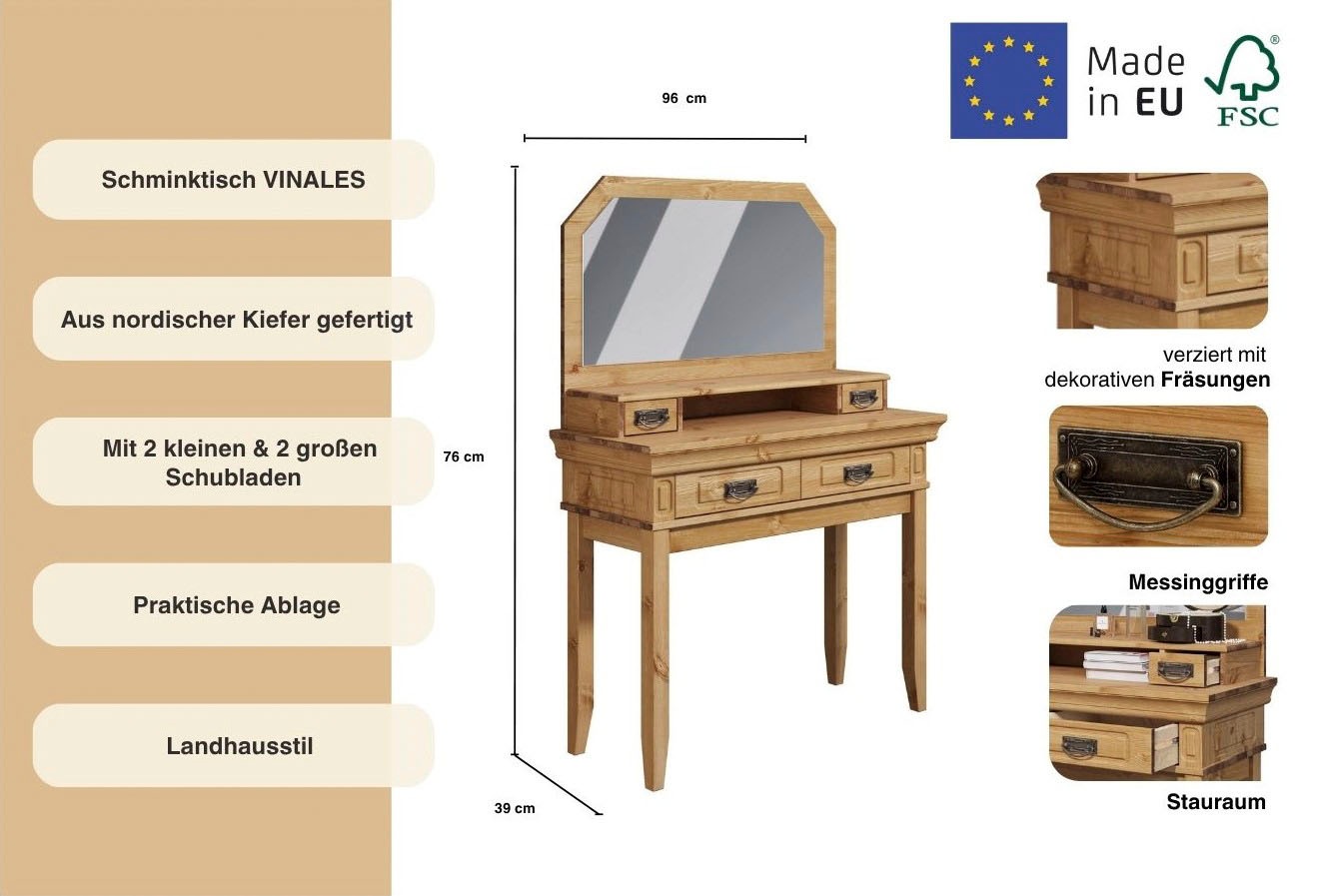 Schminktisch OTTO HOME "Vinales, Konsole für den Flur", beige (natur), B:96cm H:136cm T:39cm, Tische, Schminktisch, Aus massiver Kiefer, mit Fräsungen 2